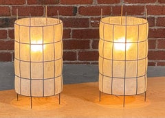 1960s Handmade Capiz Shell Table Lamps, Vintage Cylindrical Pair