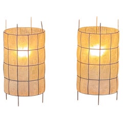 1960s Handmade Capiz Shell Table Lamps, Vintage Cylindrical Pair