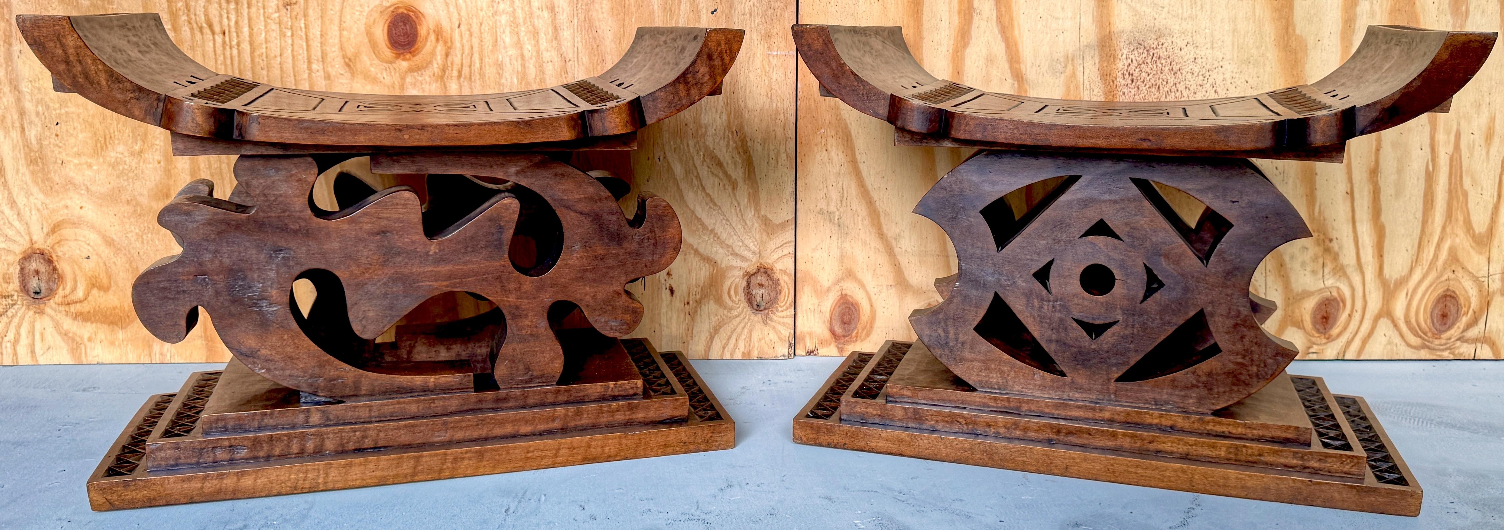 Hand-Carved Pair of 1960s Carved Hardwood African Ghanaian Tribal Benches  For Sale