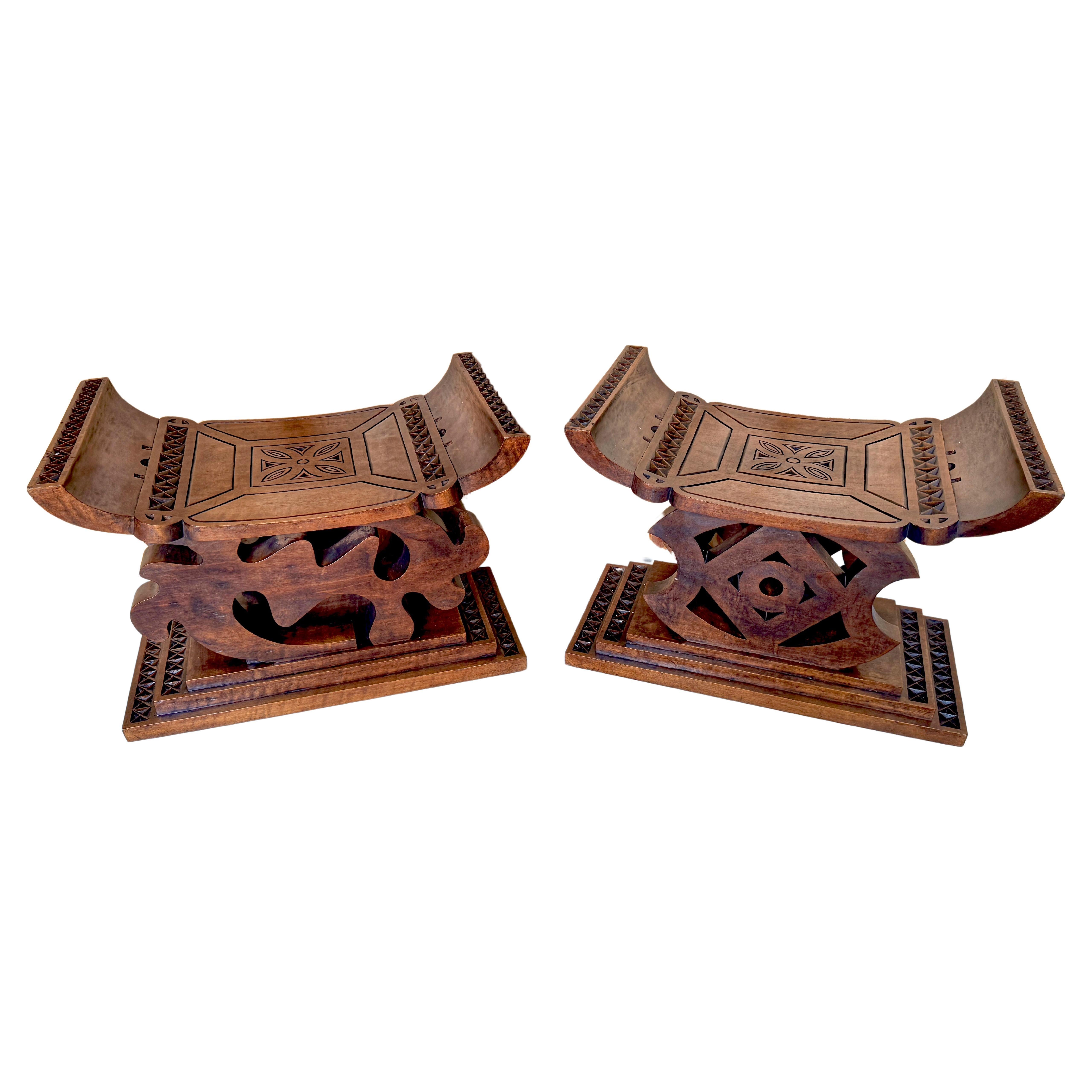 Pair of 1960s Carved Hardwood African Ghanaian Tribal Benches  For Sale