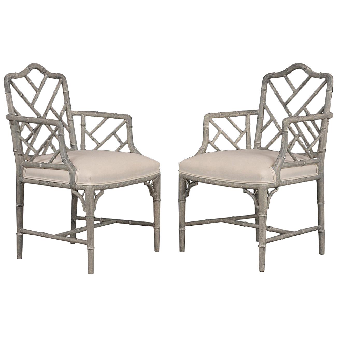 Pair of 1960s Carved Wood Bamboo Design Armchairs