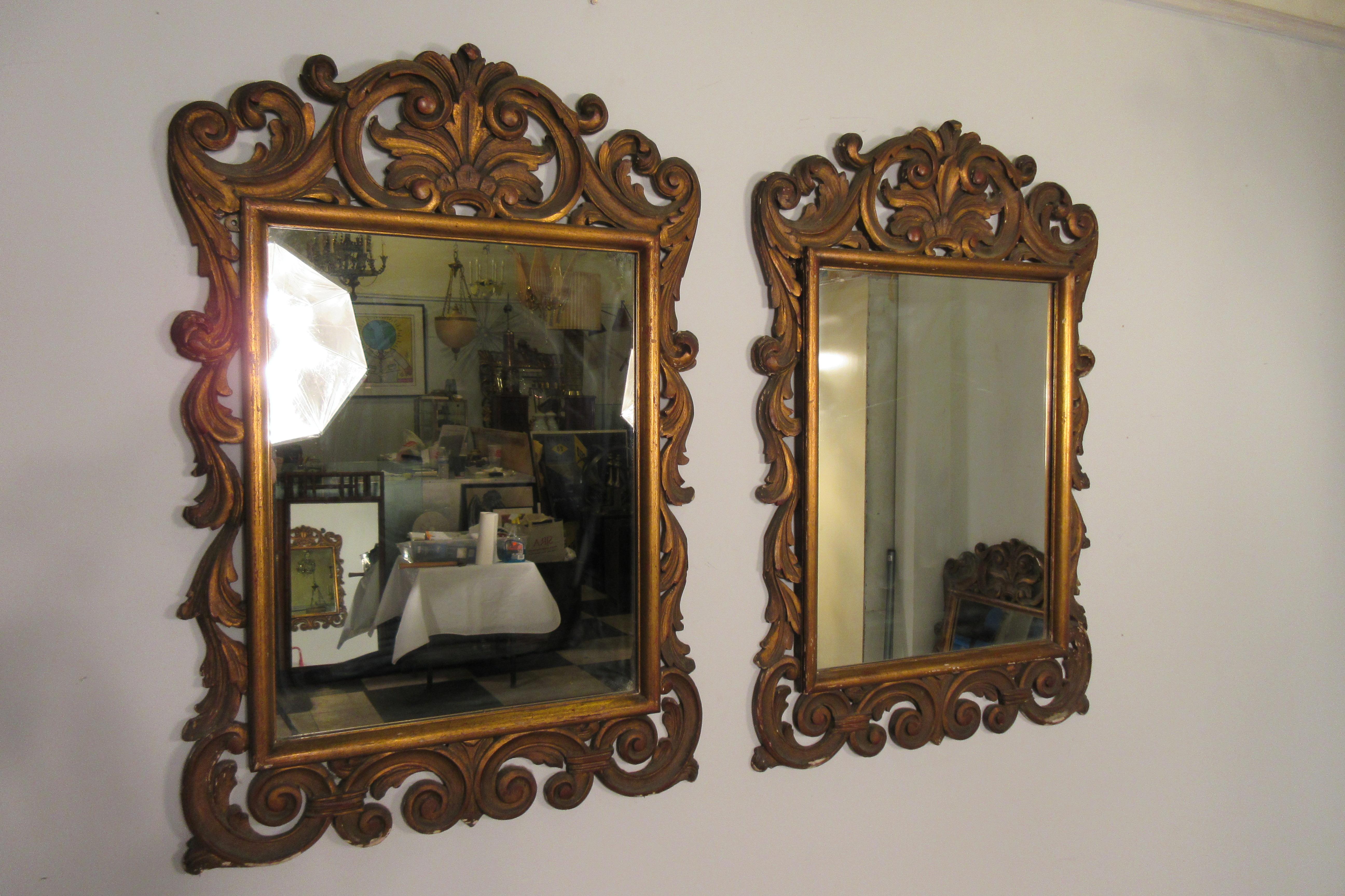 Pair of 1960s Carved Wood Italian Gilt Rococo Style Mirrors In Good Condition In Tarrytown, NY