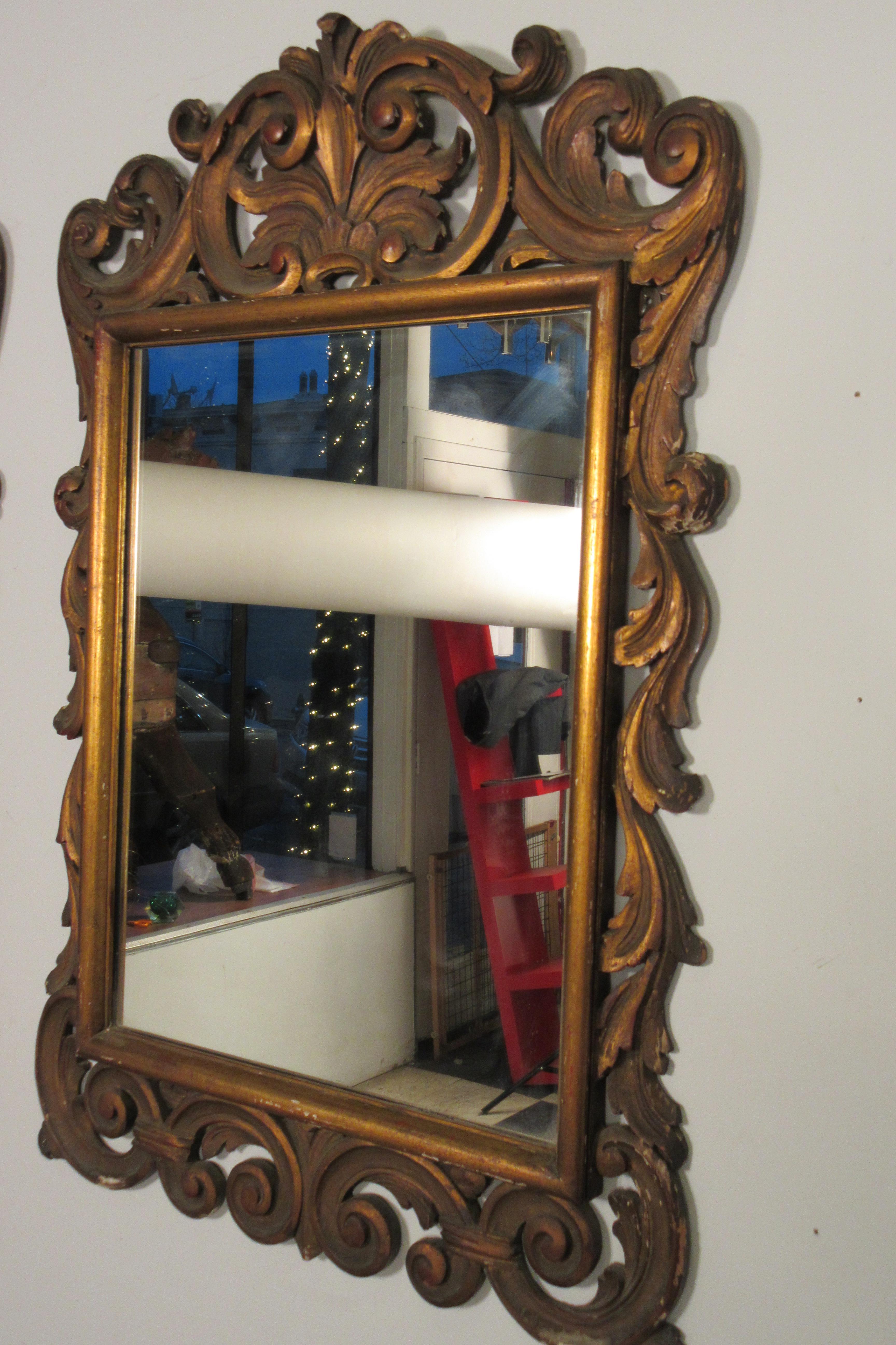 Mid-20th Century Pair of 1960s Carved Wood Italian Gilt Rococo Style Mirrors