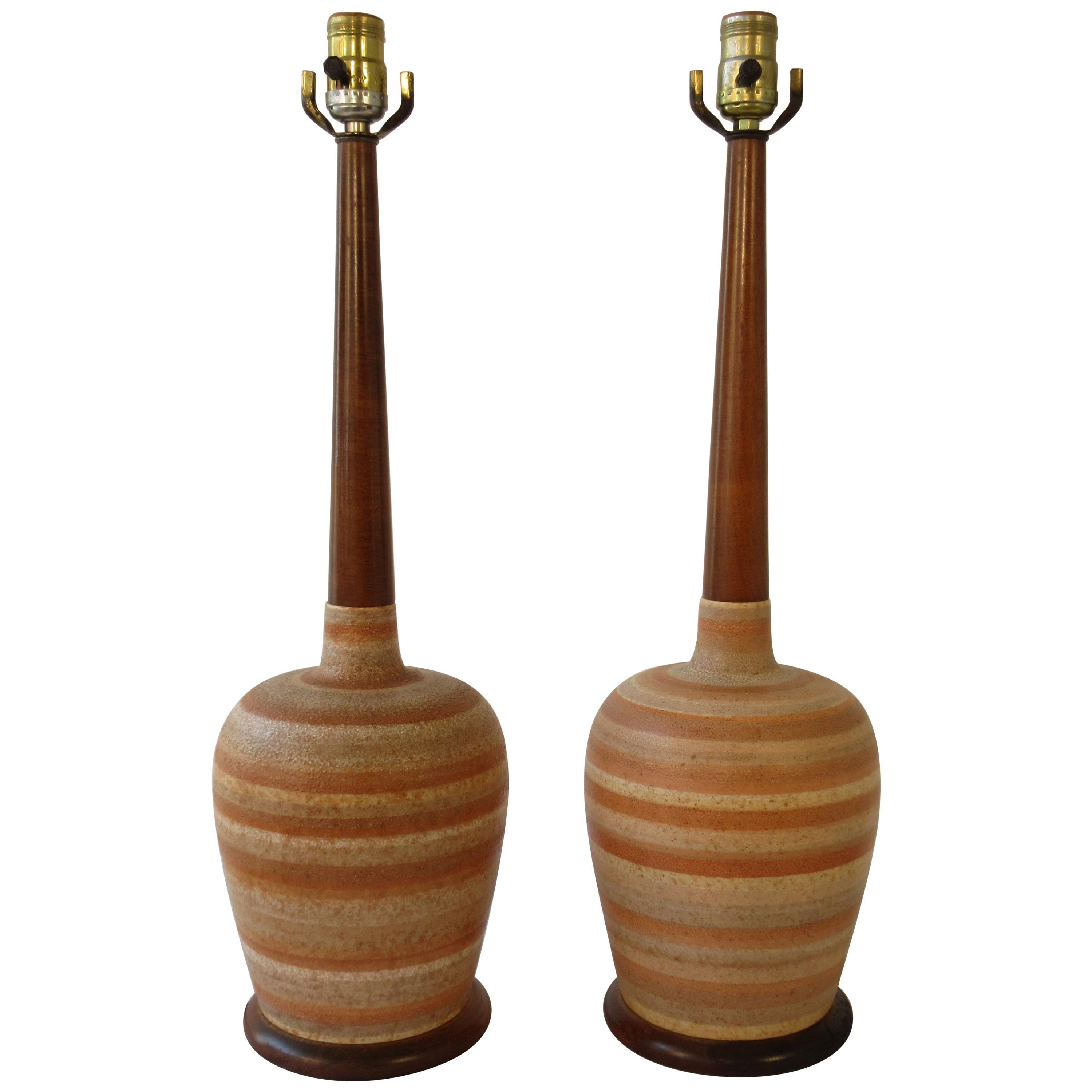 Pair of 1960s Ceramic and Wood Swirl Painted Lamps