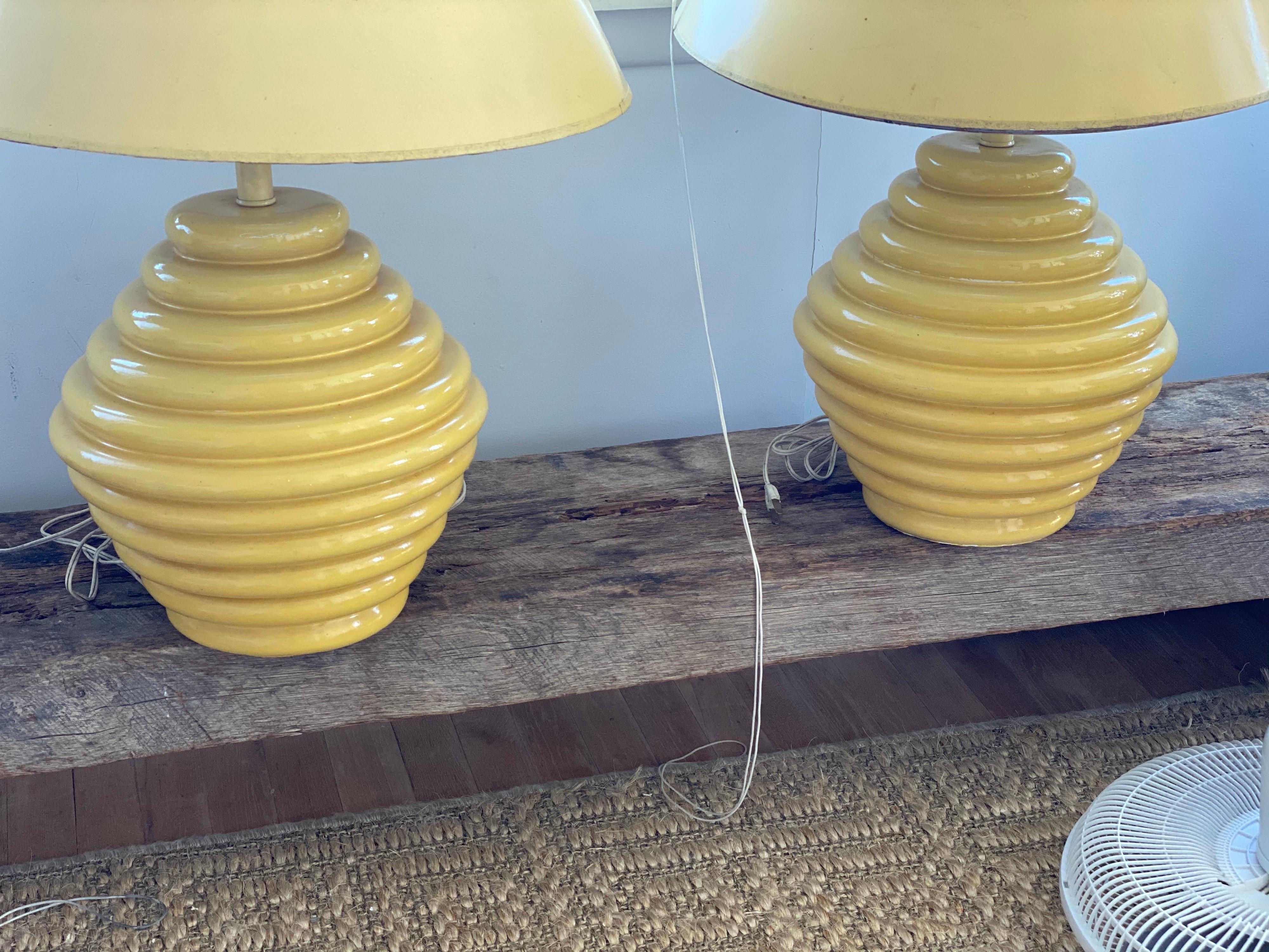 Pair of 1960s Ceramic Beehive Yellow Lamps 3