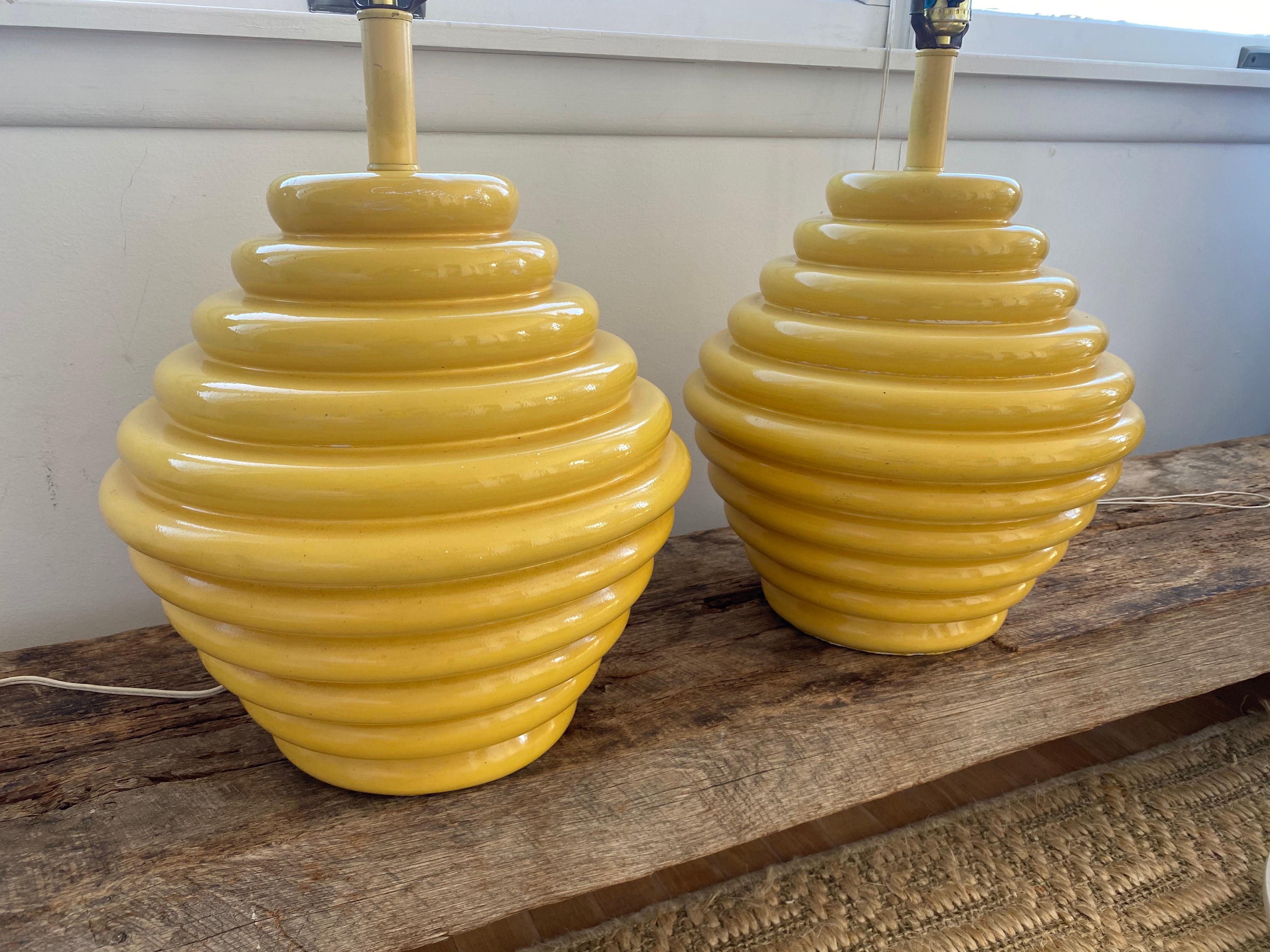Pair of 1960s Ceramic Beehive Yellow Lamps 8