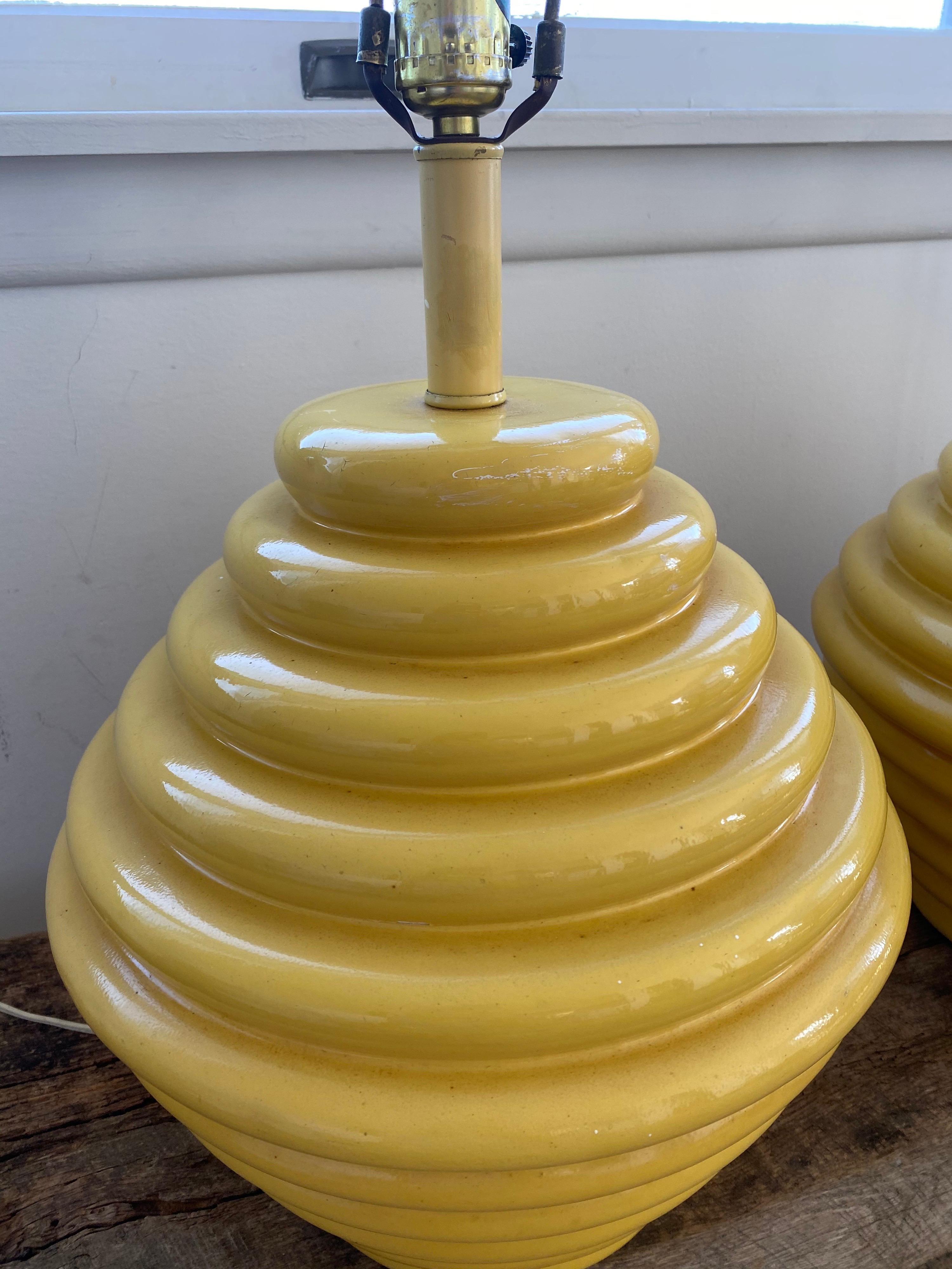 Pair of 1960s Ceramic Beehive Yellow Lamps 9