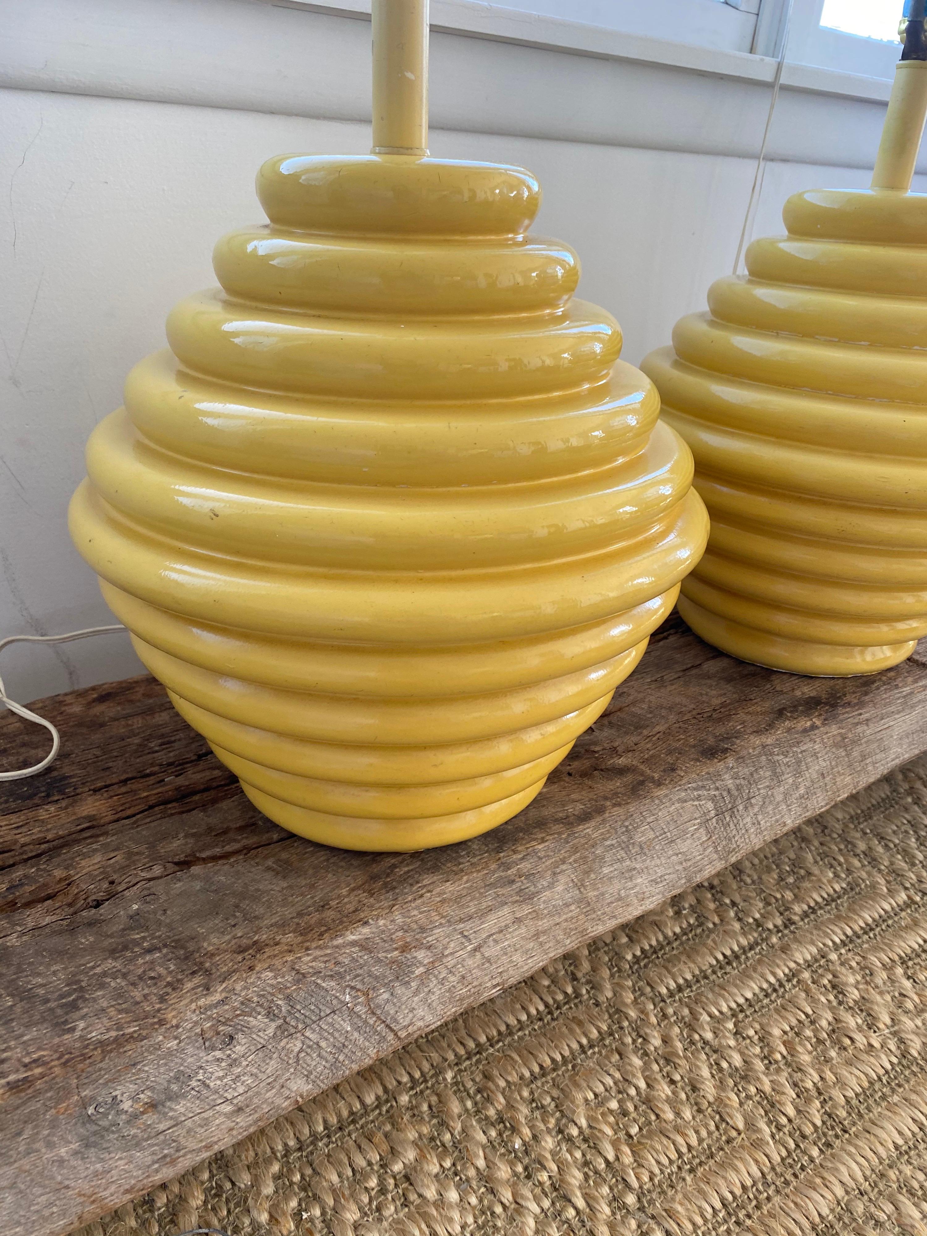 Pair of 1960s Ceramic Beehive Yellow Lamps 10