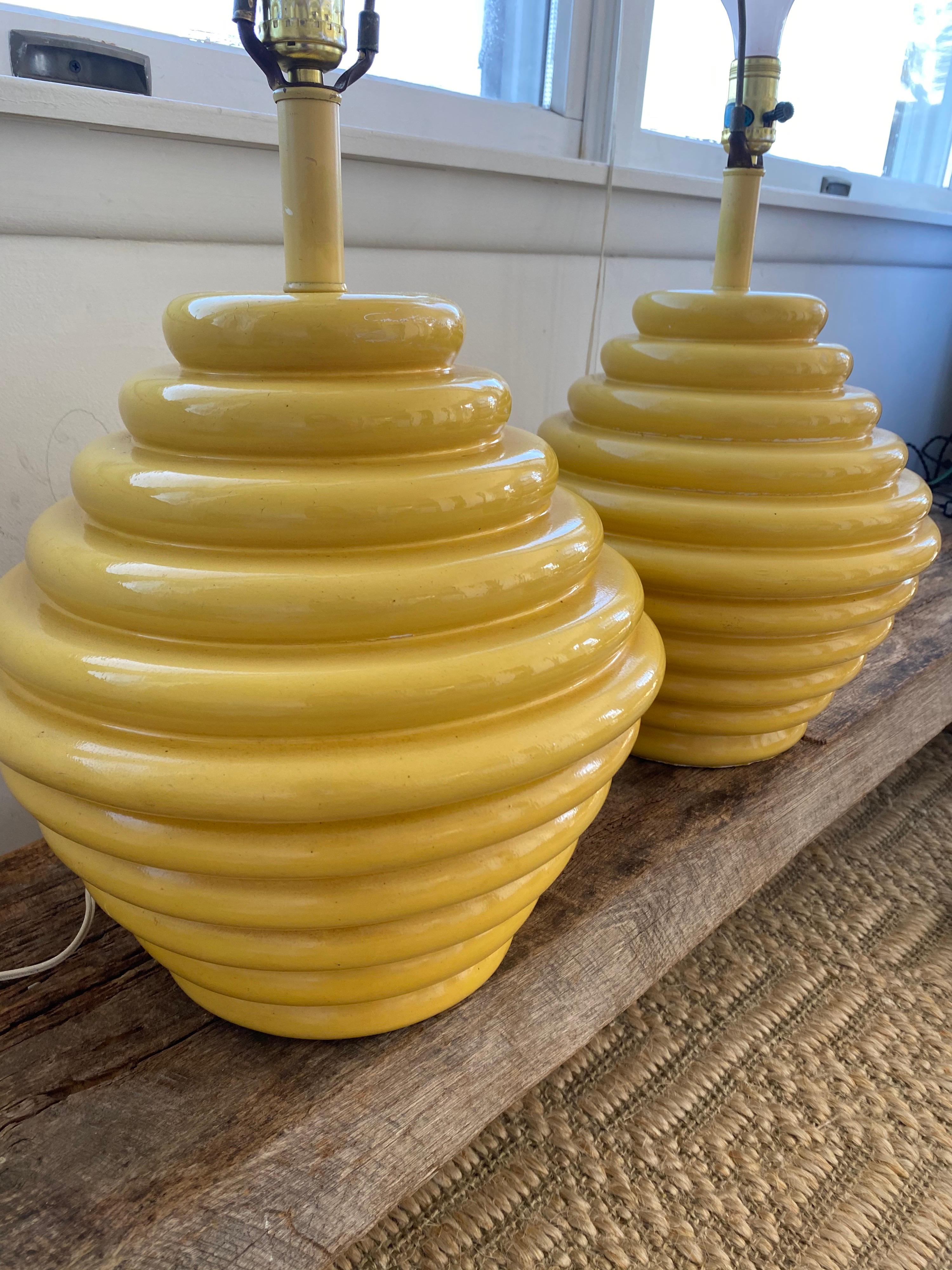 Pair of 1960s Ceramic Beehive Yellow Lamps 11