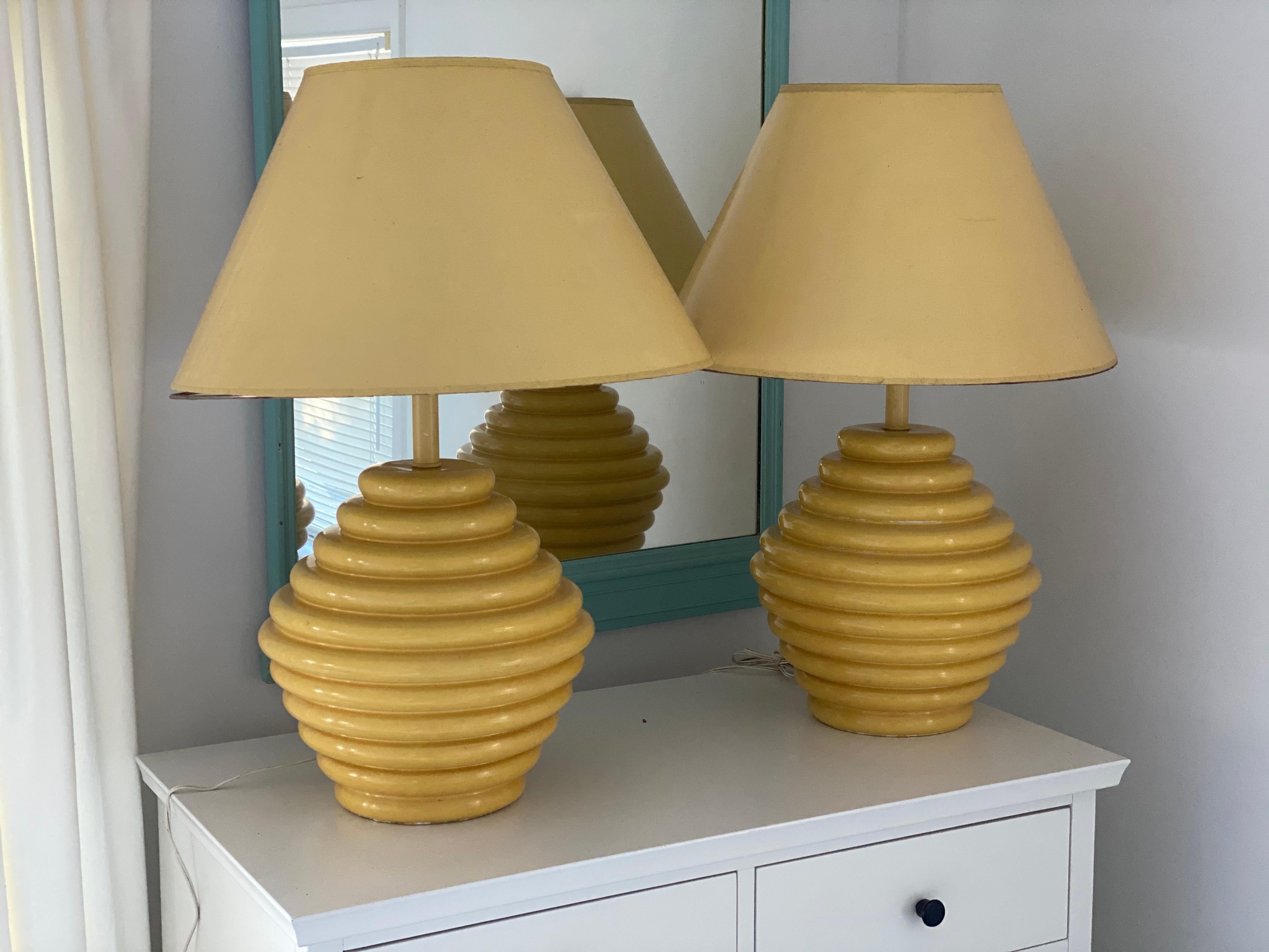 American Pair of 1960s Ceramic Beehive Yellow Lamps