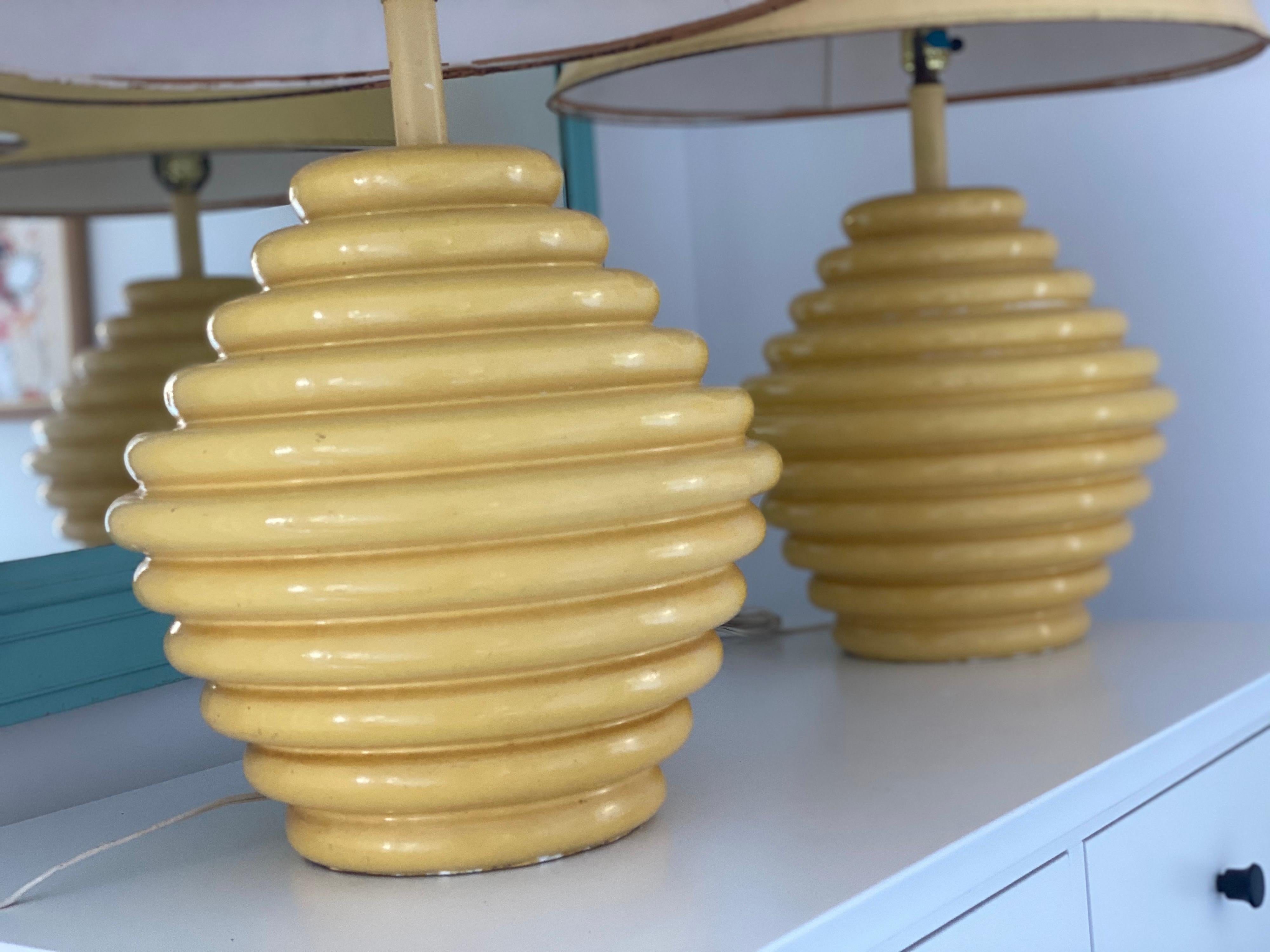 20th Century Pair of 1960s Ceramic Beehive Yellow Lamps