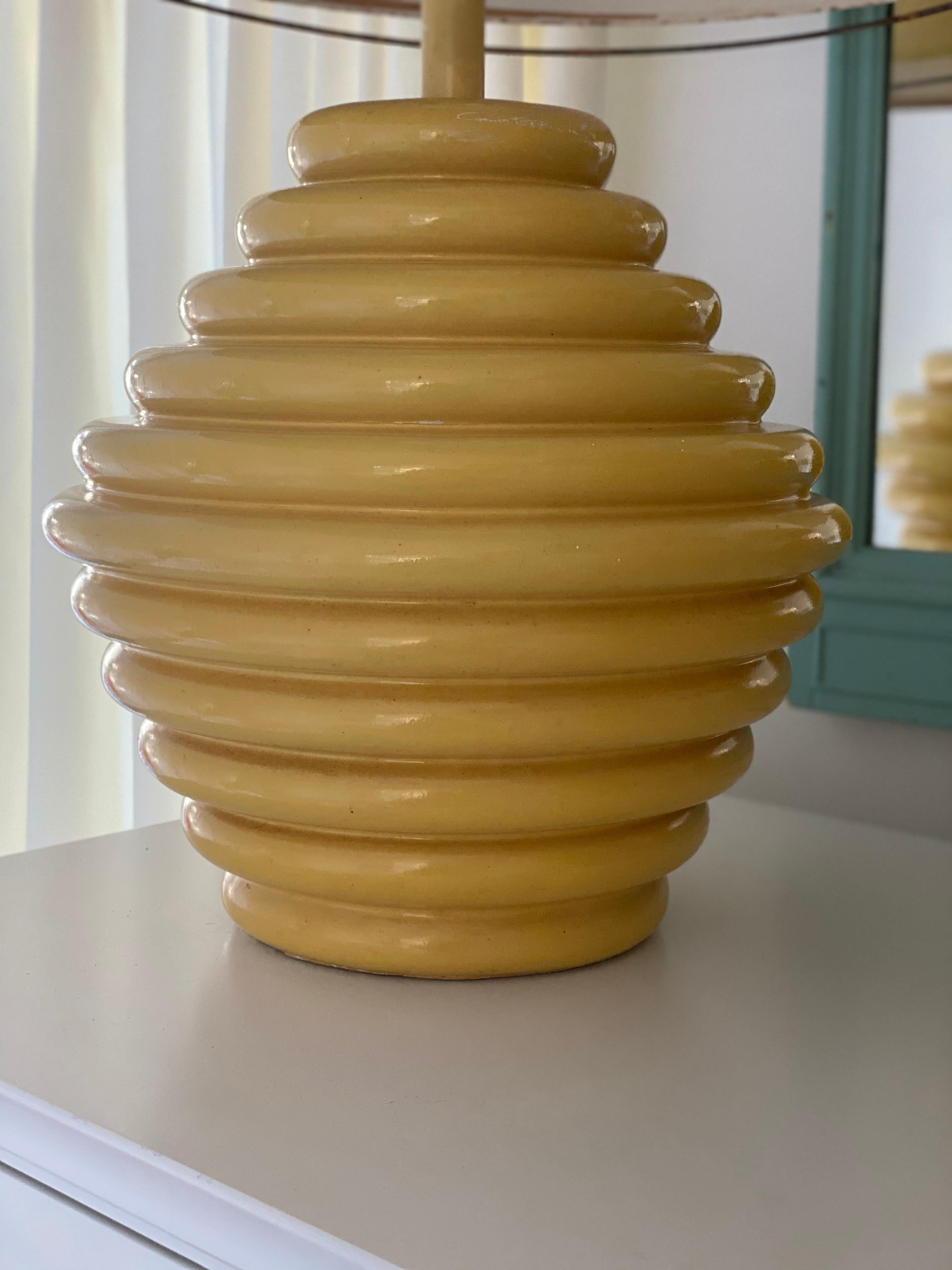 Pair of 1960s Ceramic Beehive Yellow Lamps 1