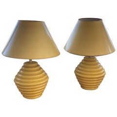 Retro Pair of 1960s Ceramic Beehive Yellow Lamps