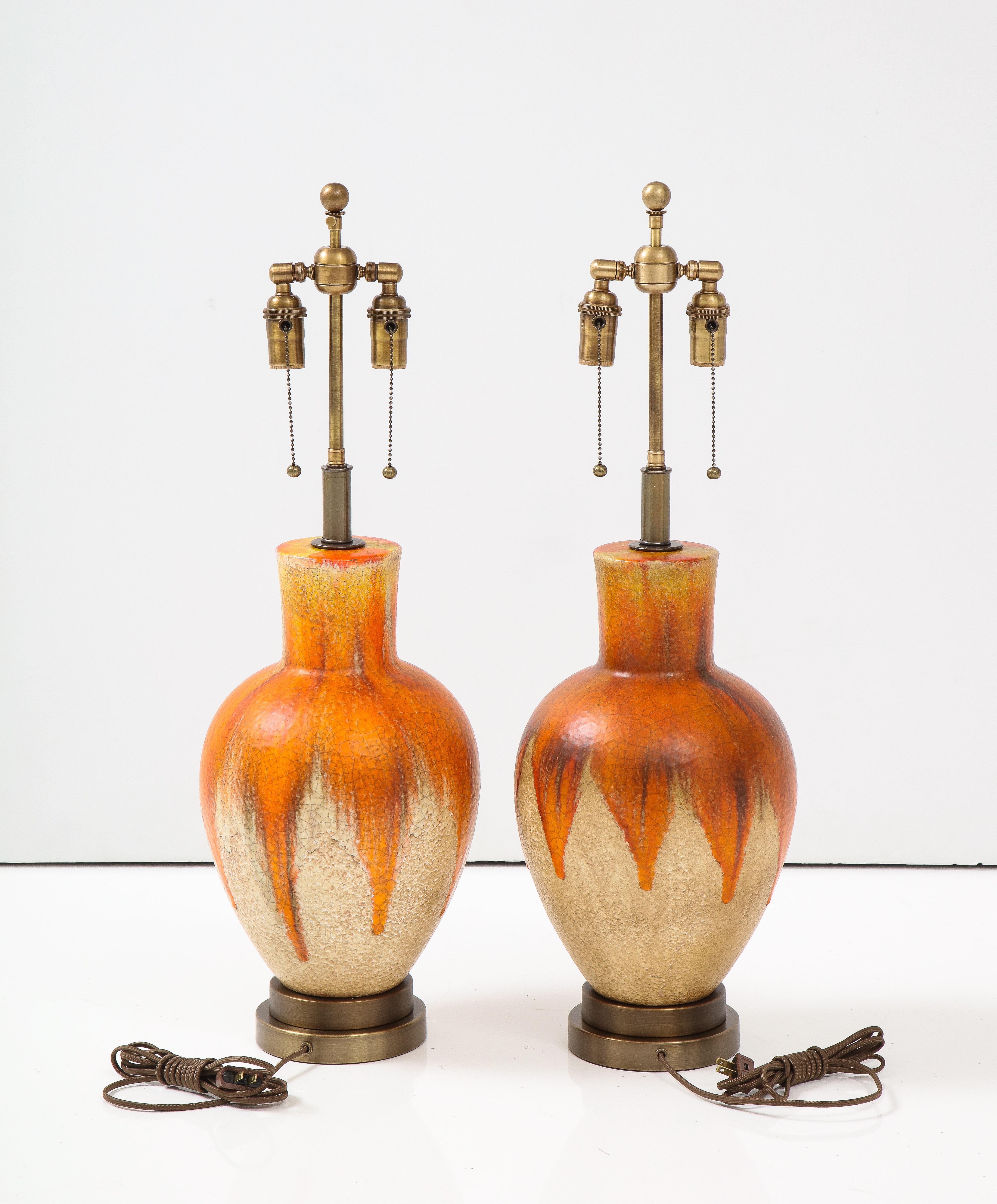 Pair Of 1960's Ceramic Drip Glazed Lamps For Sale 3