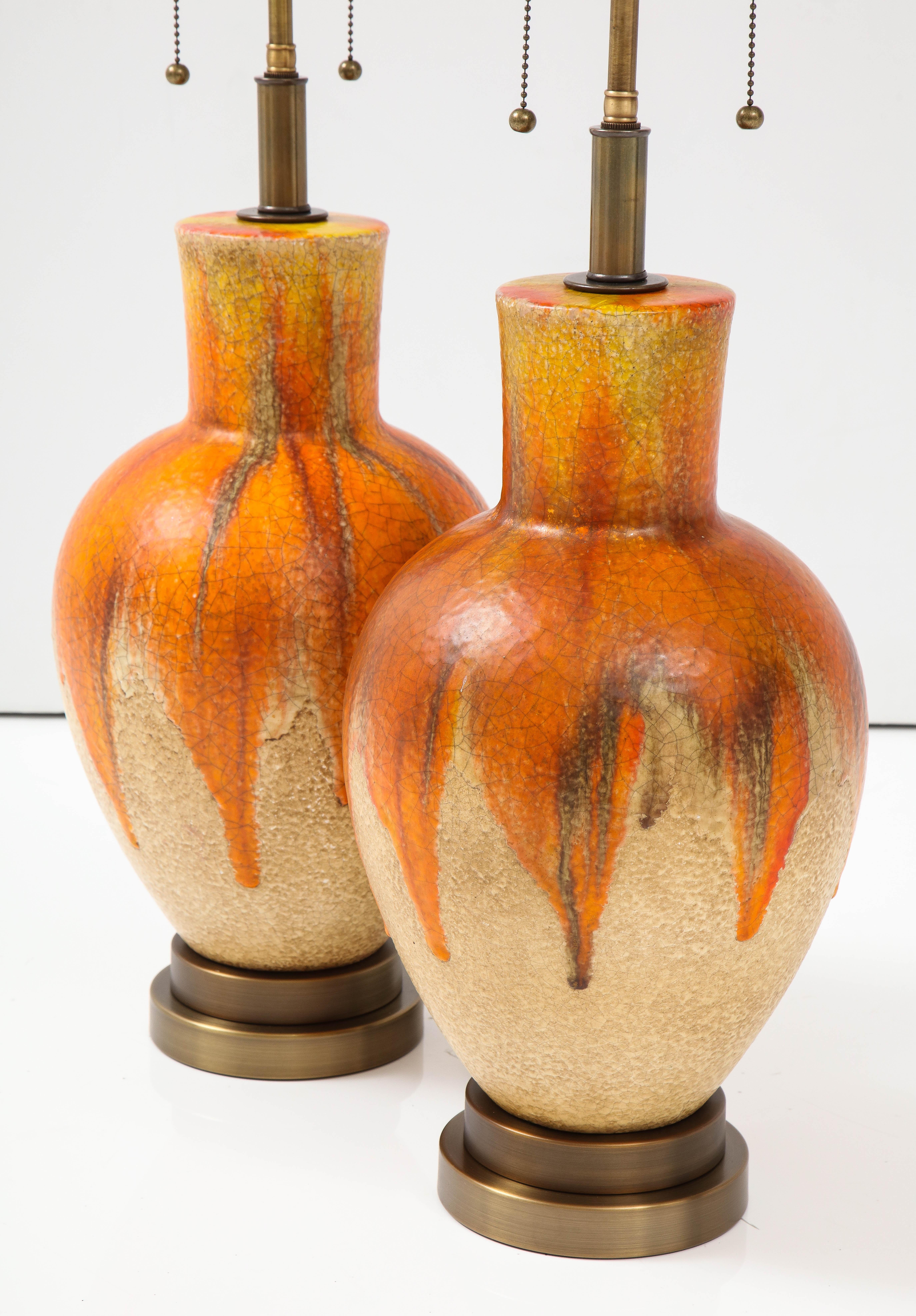 Mid-Century Modern Pair Of 1960's Ceramic Drip Glazed Lamps For Sale