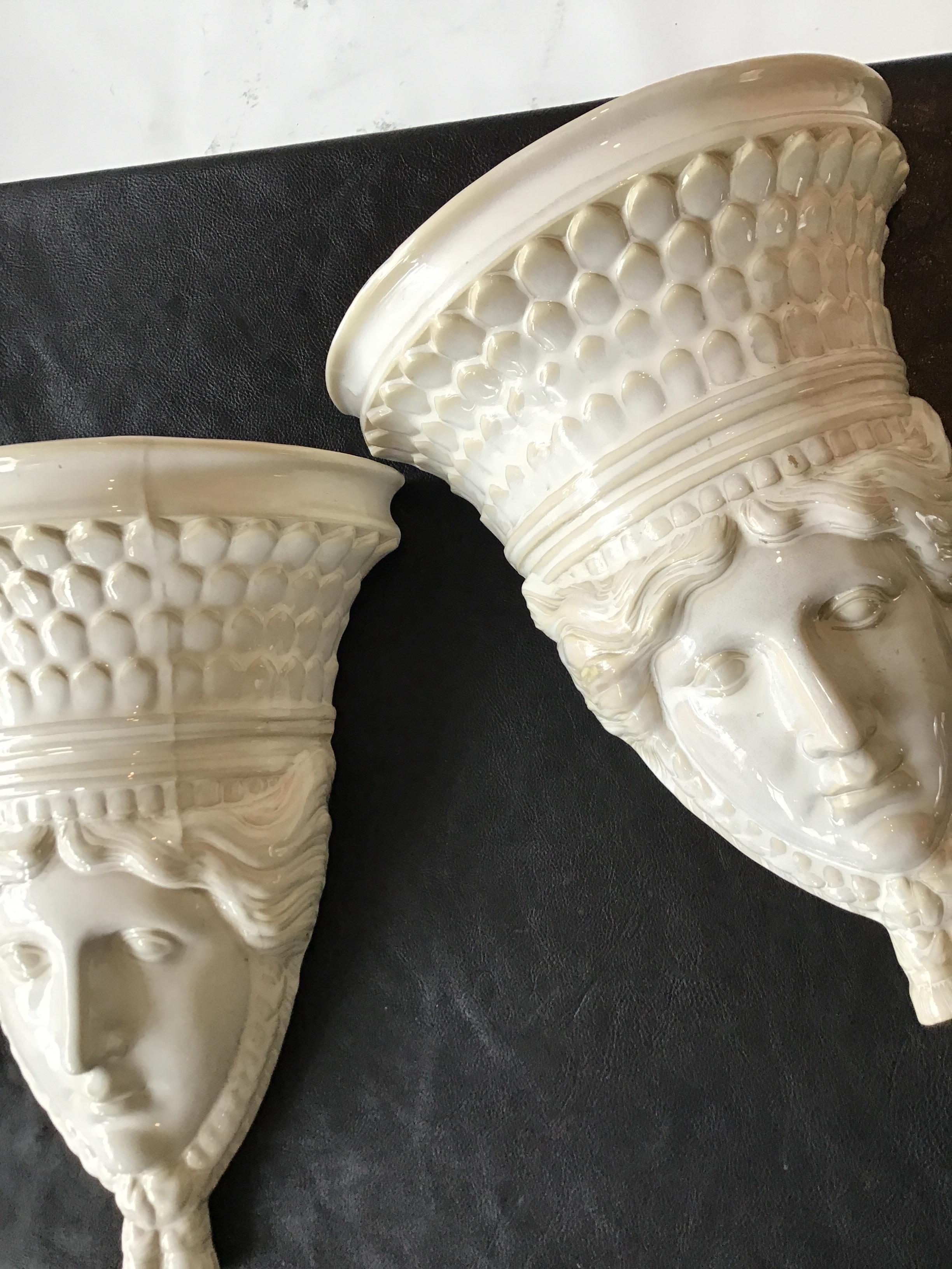 Pair of 1960s Ceramic Head Wall Planters by Sarreid In Good Condition For Sale In Tarrytown, NY
