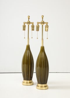 Pair of 1960's Ceramic lamps with a Moss Green Glaze