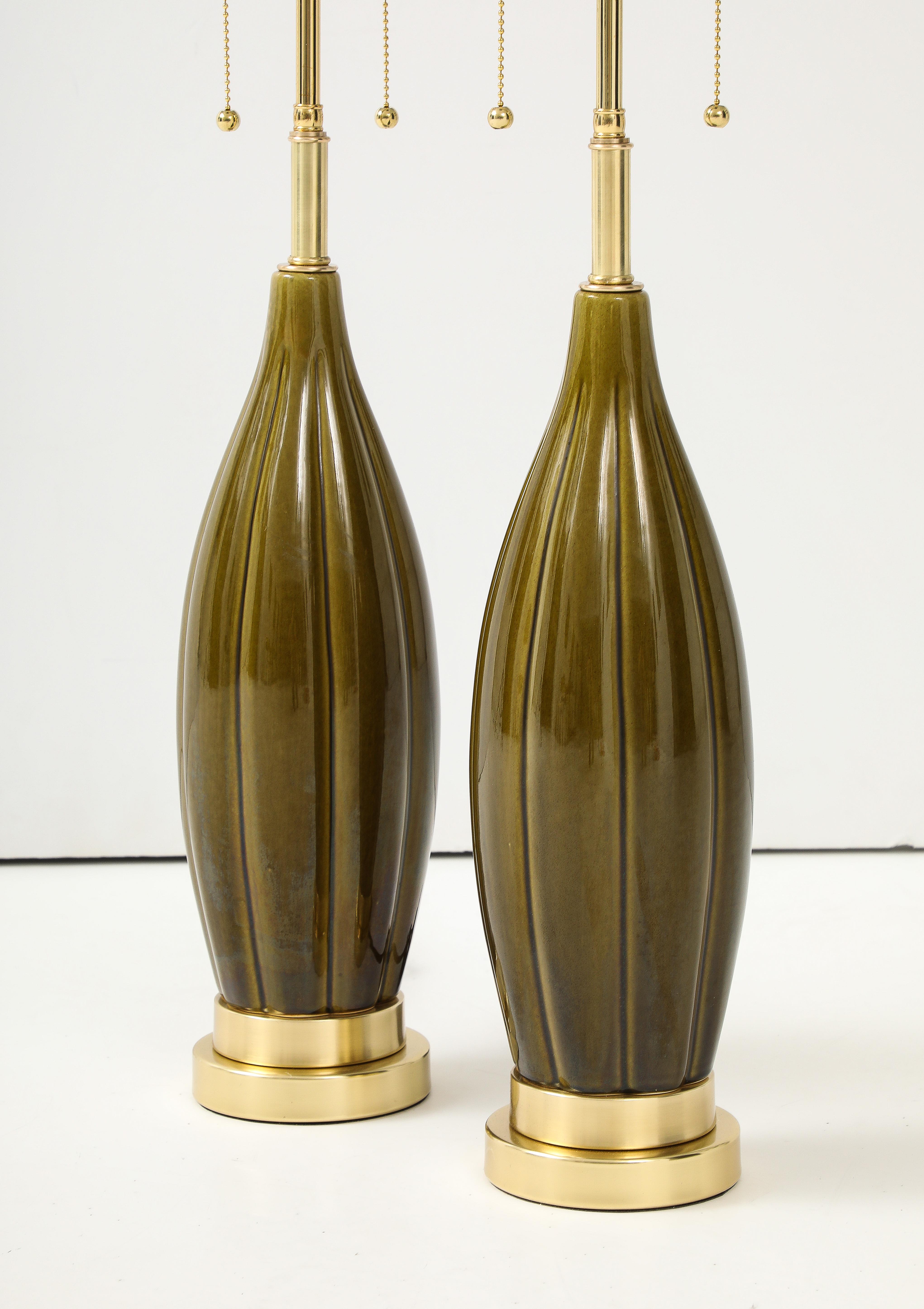 American Pair of 1960's Ceramic lamps with a Moss Green Glaze For Sale