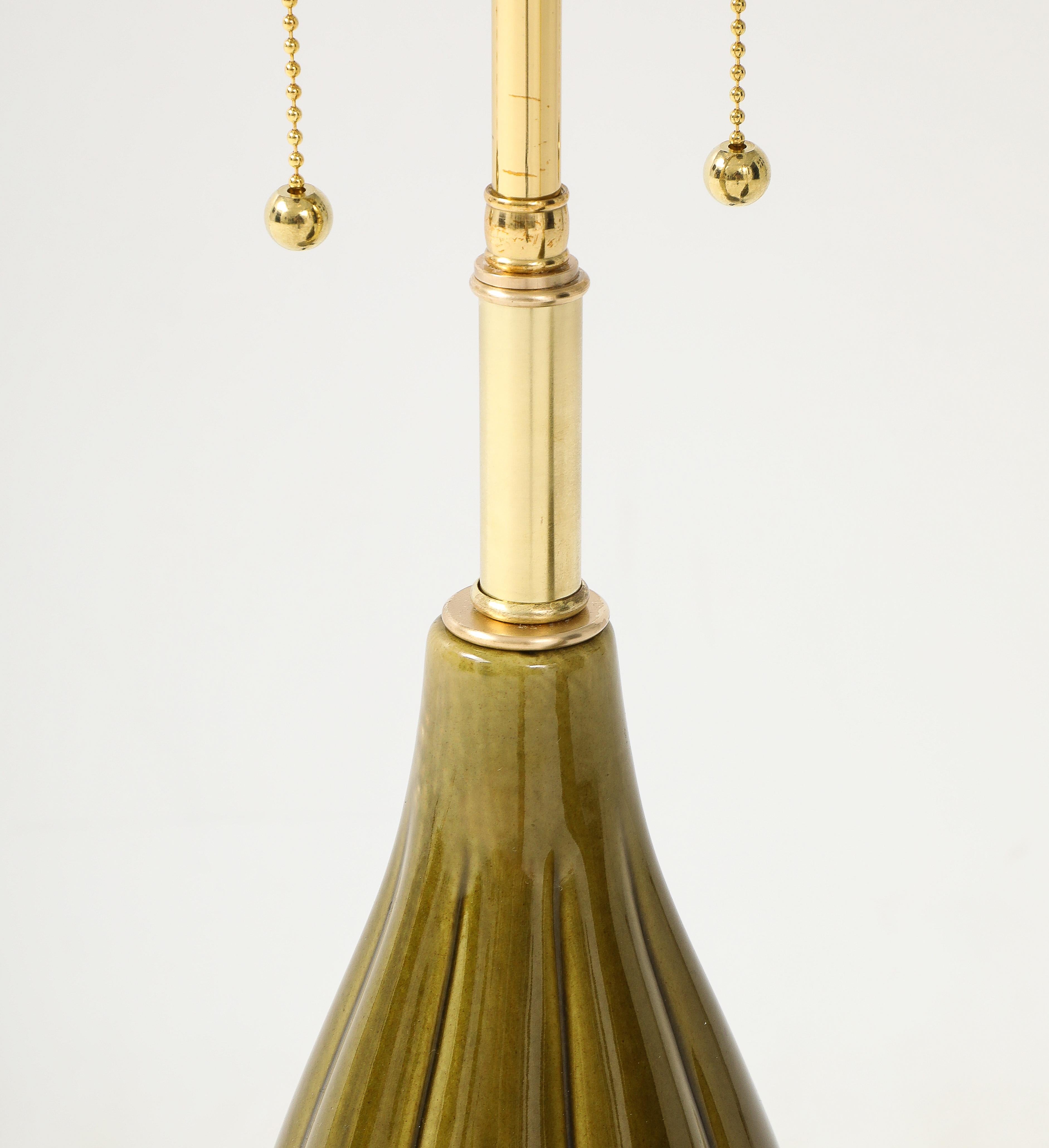 Pair of 1960's Ceramic lamps with a Moss Green Glaze In Good Condition For Sale In New York, NY