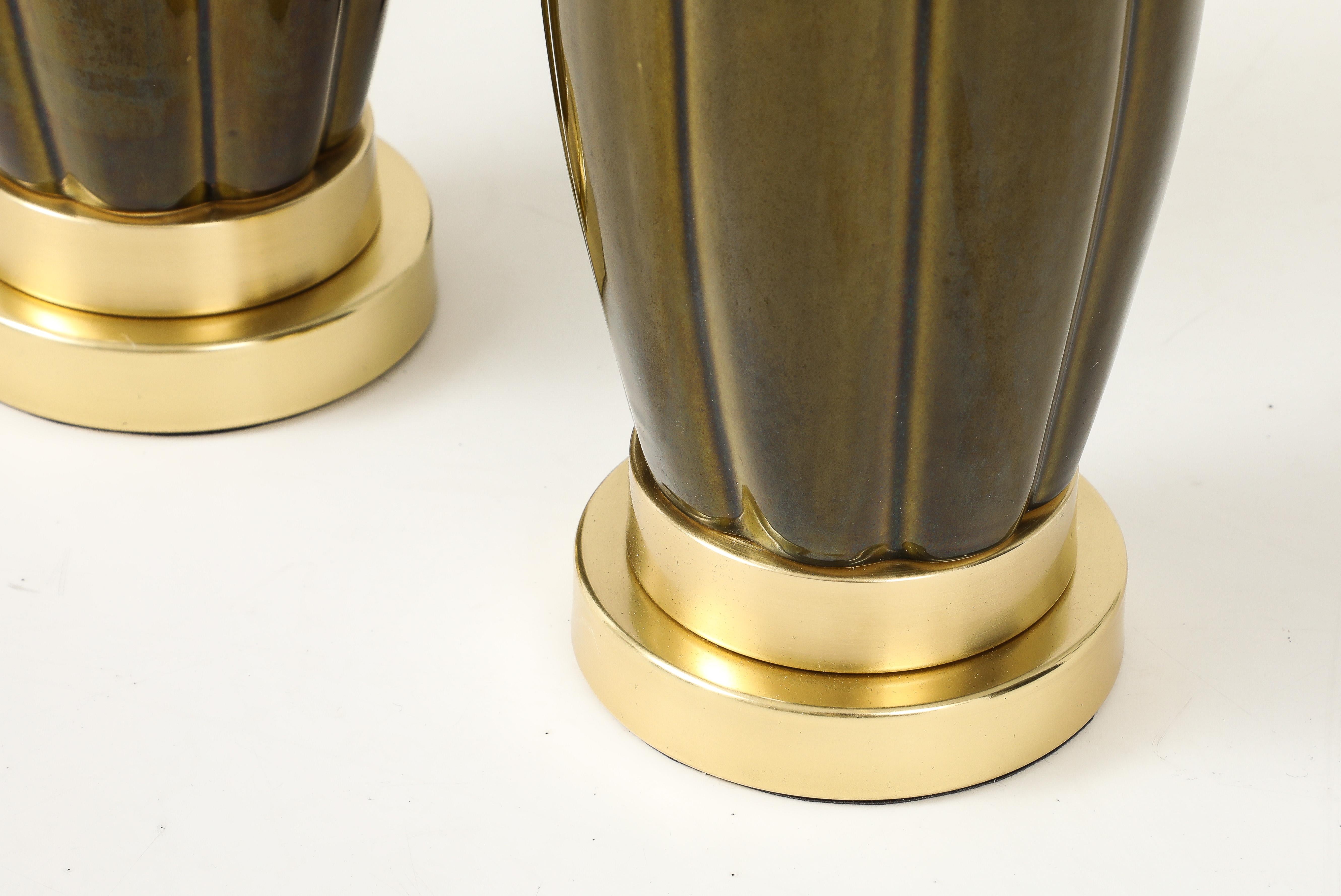 Mid-20th Century Pair of 1960's Ceramic lamps with a Moss Green Glaze For Sale