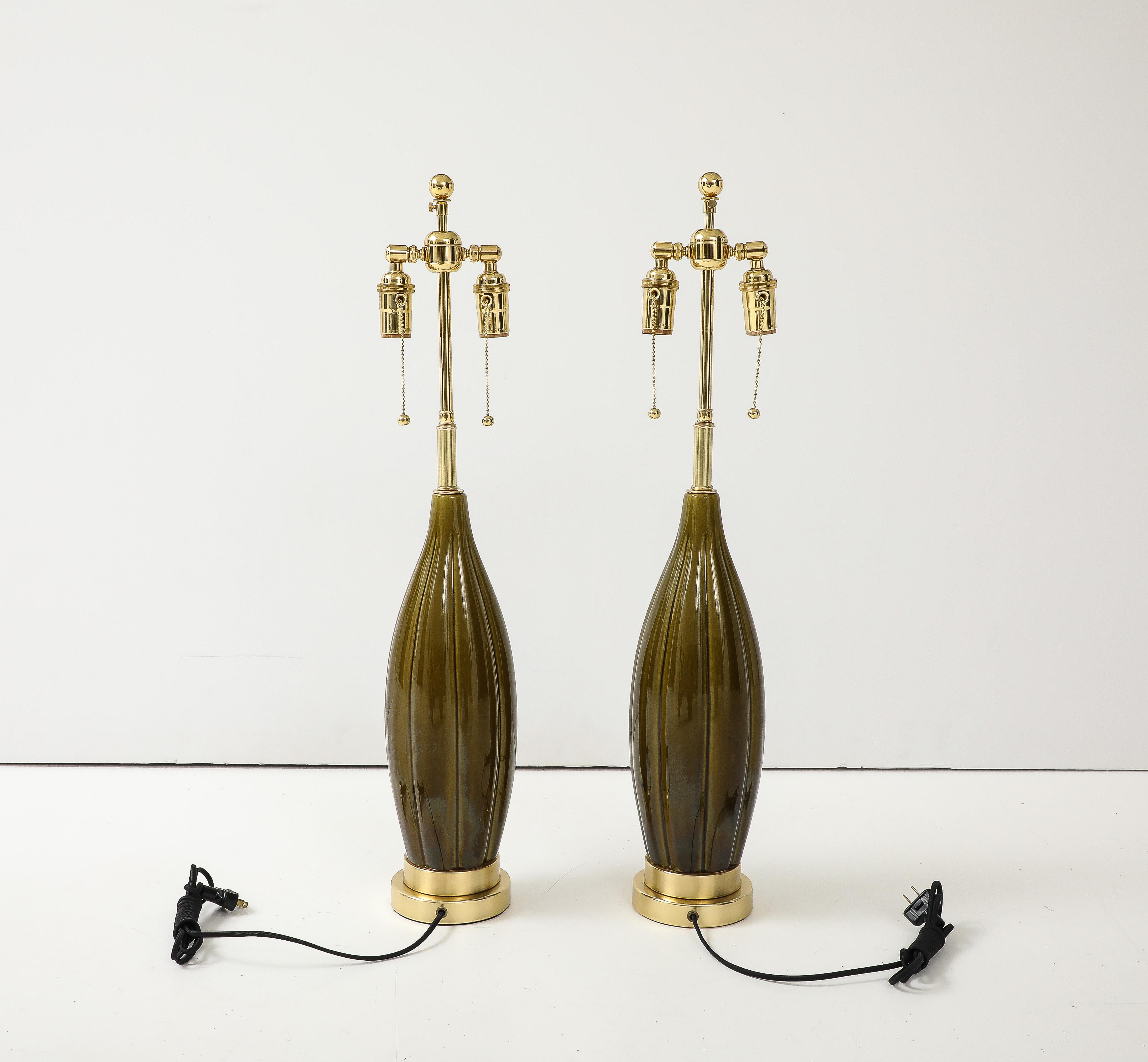 Pair of 1960's Ceramic lamps with a Moss Green Glaze For Sale 1