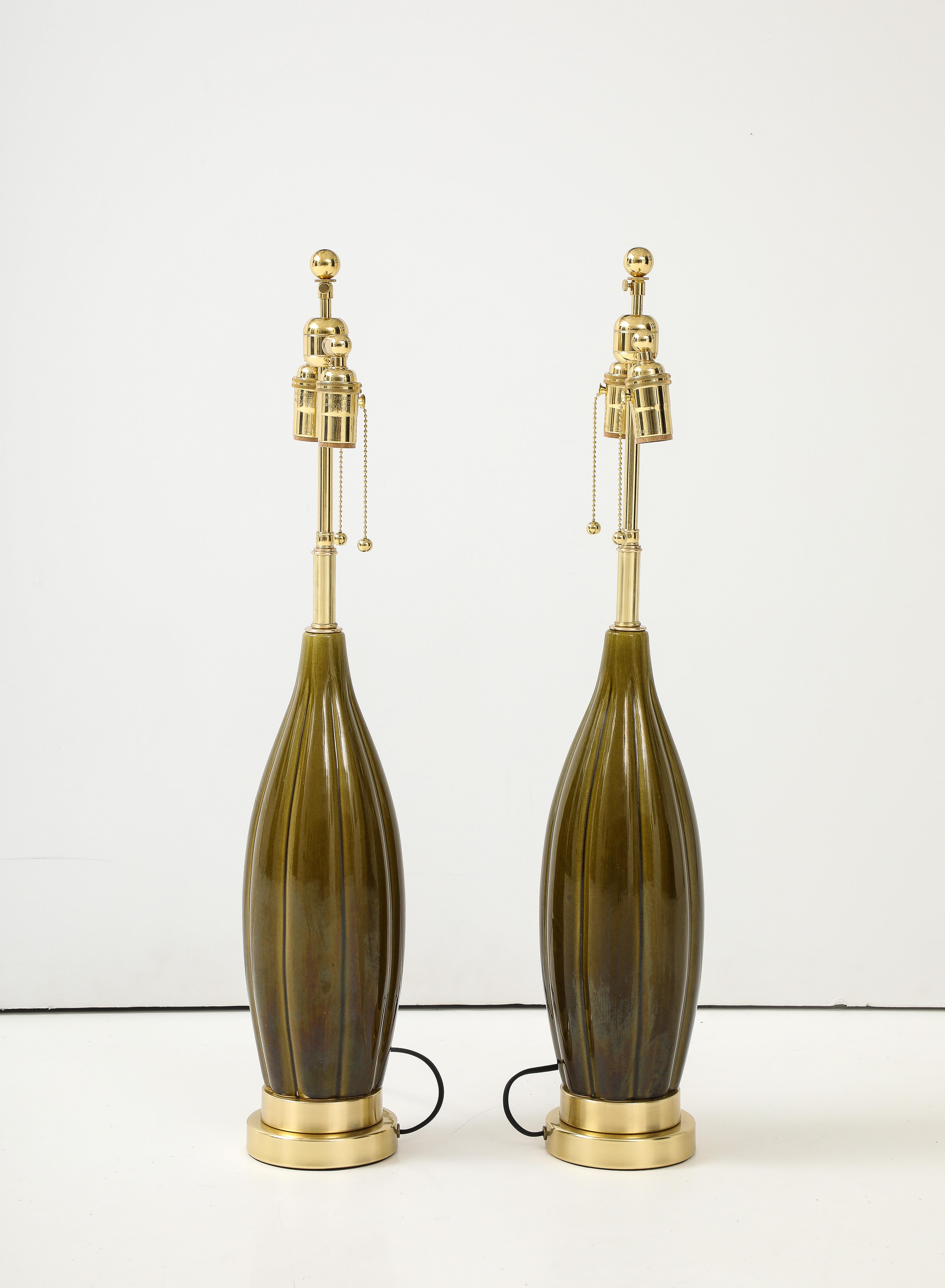 Pair of 1960's Ceramic lamps with a Moss Green Glaze For Sale 2