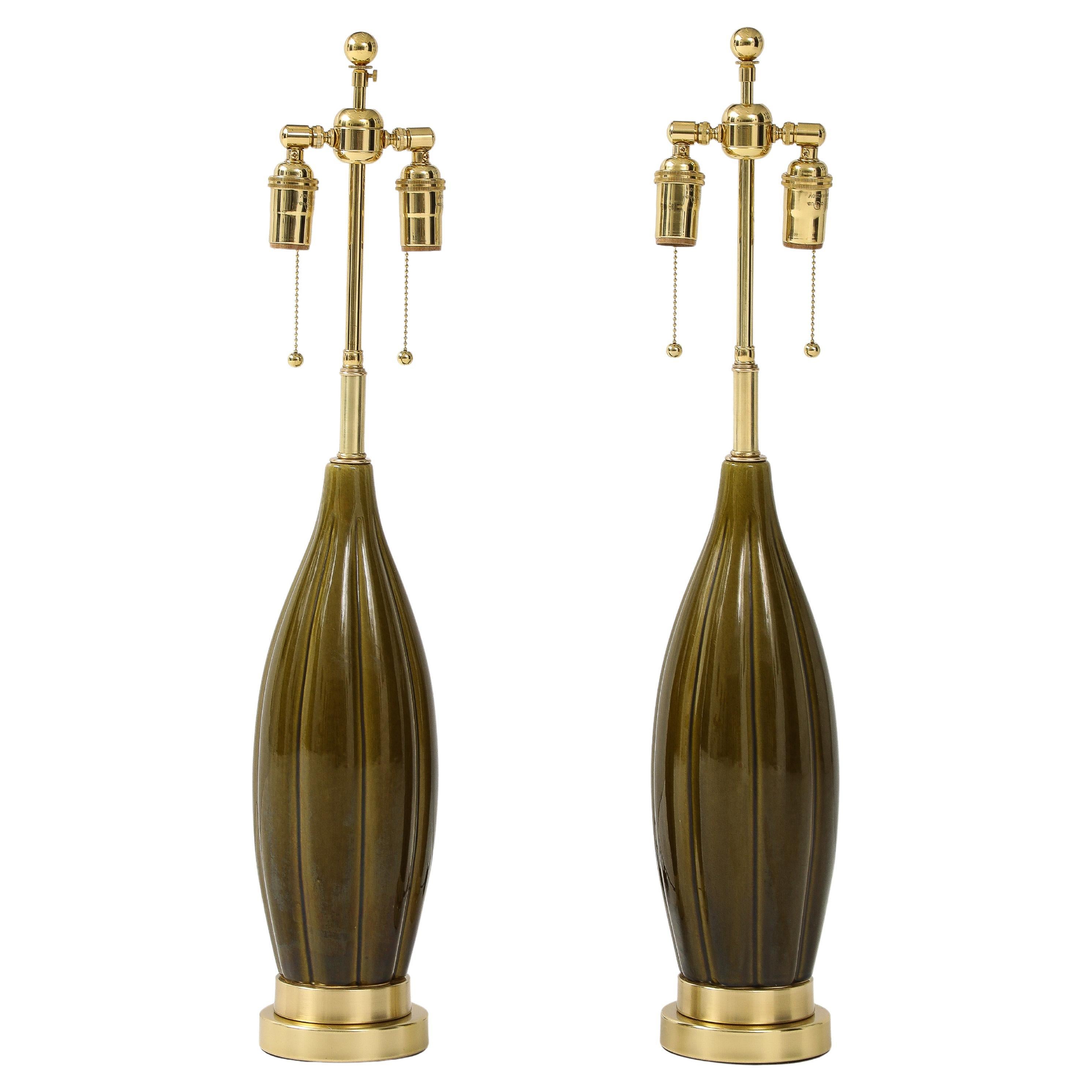 Pair of 1960's Ceramic lamps with a Moss Green Glaze For Sale