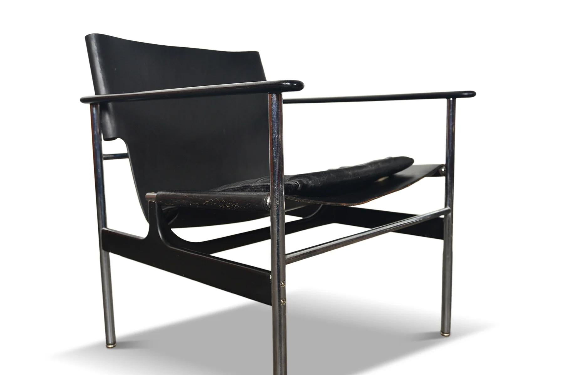 Origin: USA
Designer: Charles Pollock
Manufacturer: Knoll
Era: 1960s
Dimensions: 24.5″ wide x 26″ deep x 28″ tall
Seat: 17.5″ tall

Condition: In great original condition with typical wear for their vintage.  Some crazing on leather, as expected for