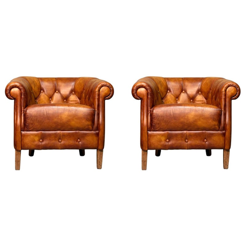 Pair of 1960s Chesterfield-Style Leather Armchairs with Button-Tufted Backrests