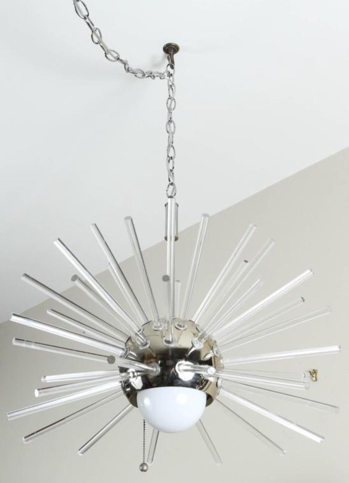 Mid-Century Modern Pair of 1960’s Chrome and Lucite Sphere Sputnik Light(s) / Chandeliers For Sale