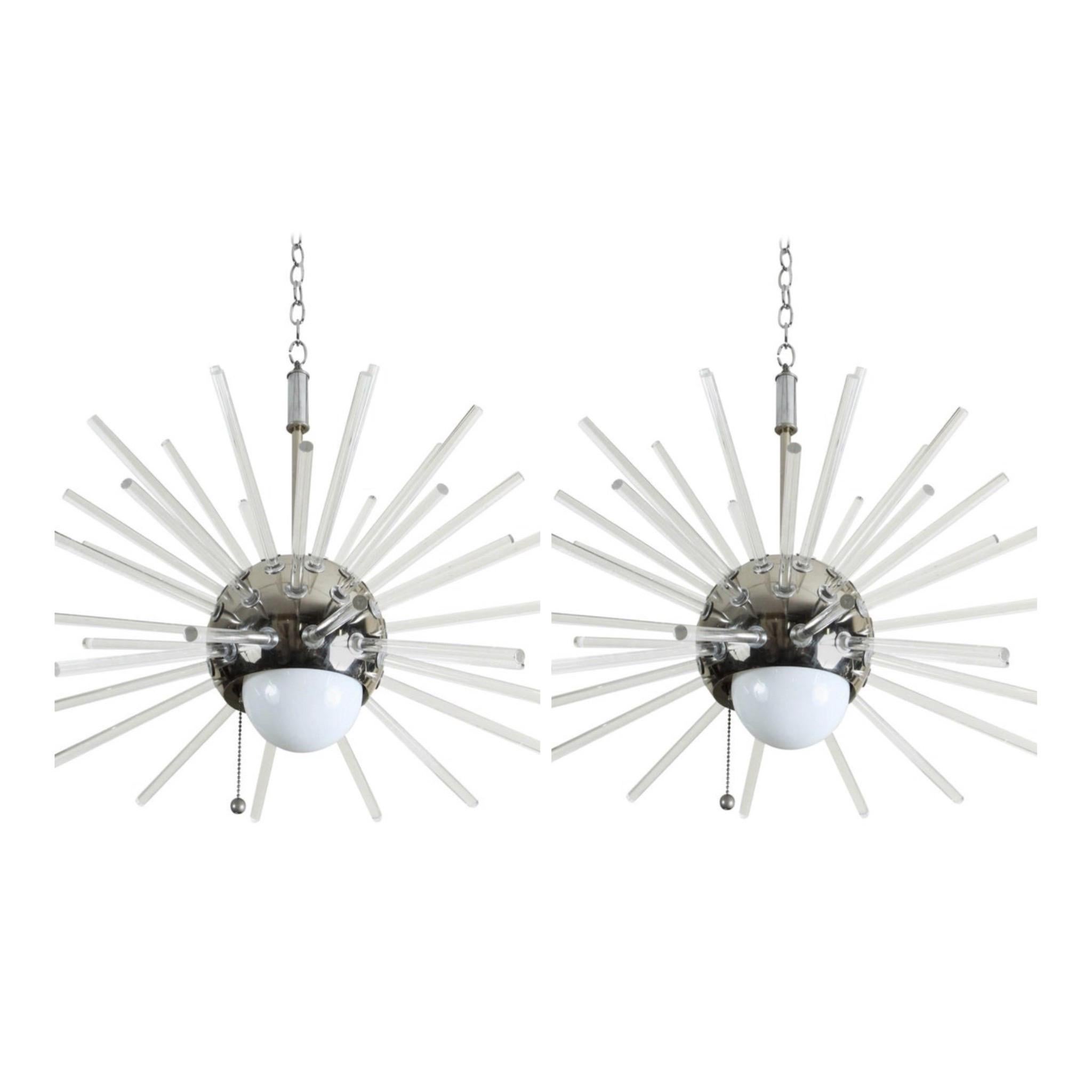 Pair of 1960’s Chrome and Lucite Sphere Sputnik Light(s) / Chandeliers For Sale 3
