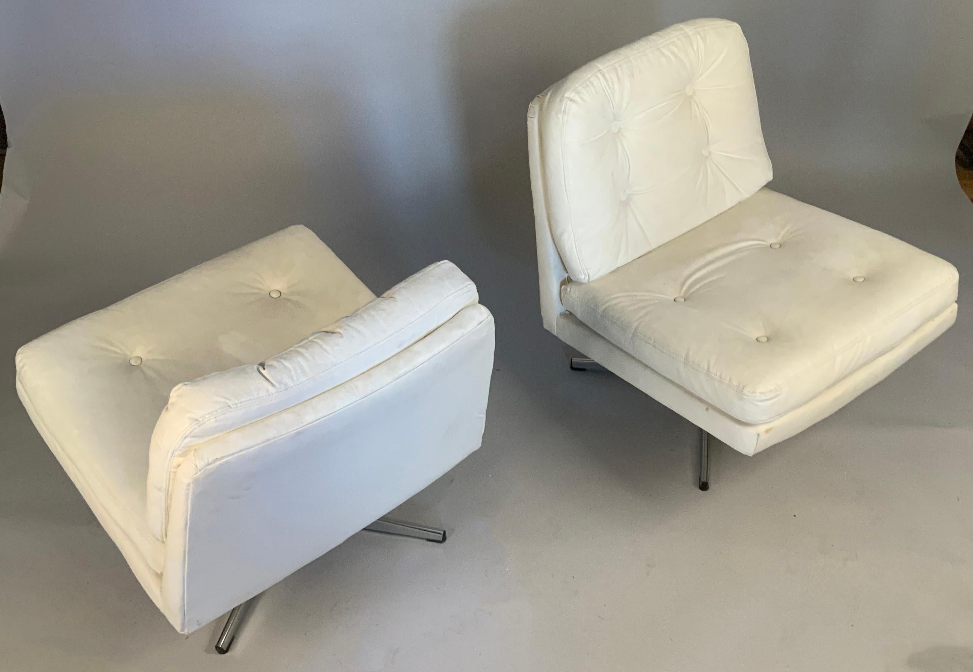 Upholstery Pair of 1960's Chrome Base Swivel Lounge Chairs