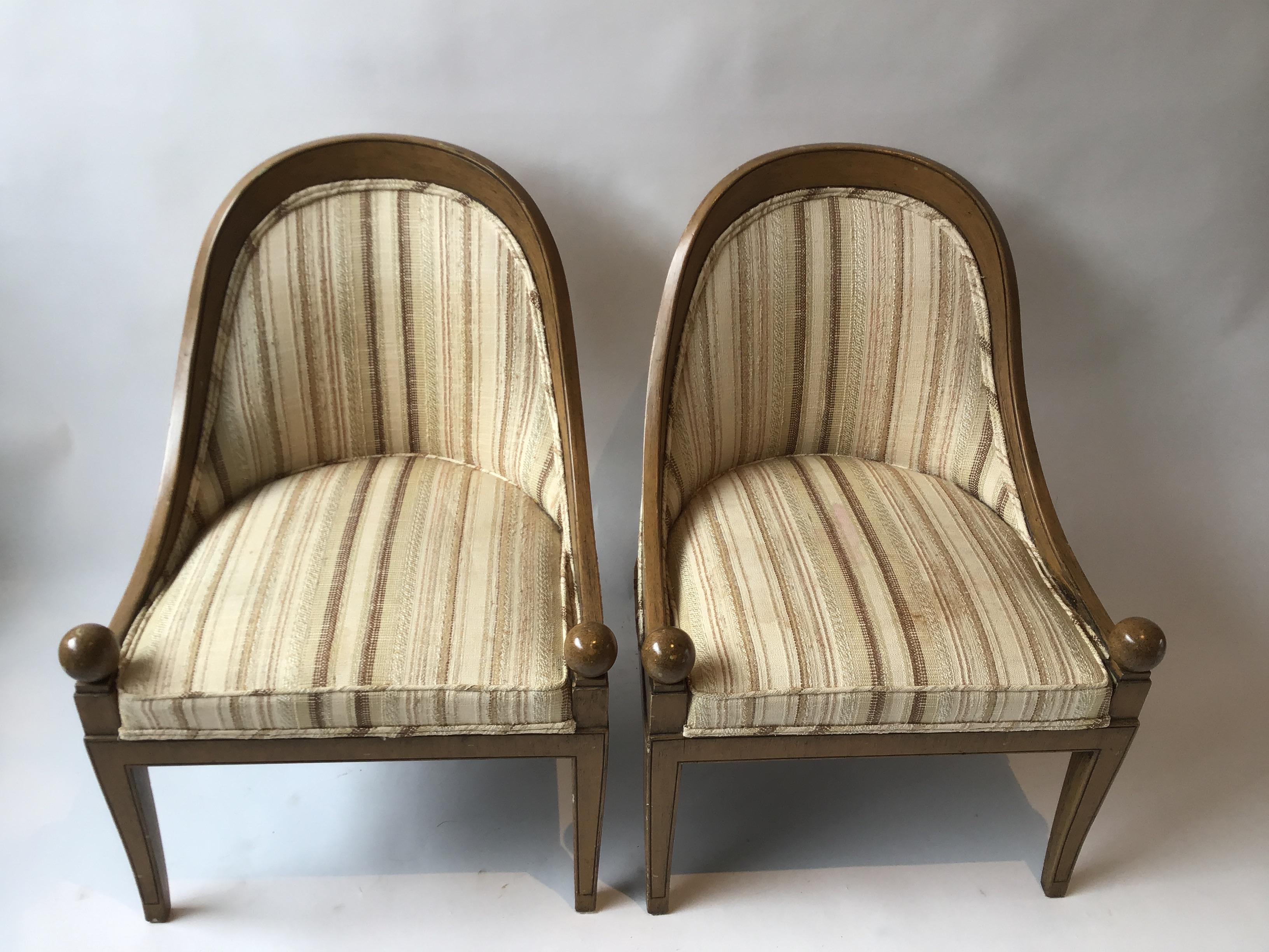 Pair of 1960s wood classical spoon back chairs. Needs reupholstering.