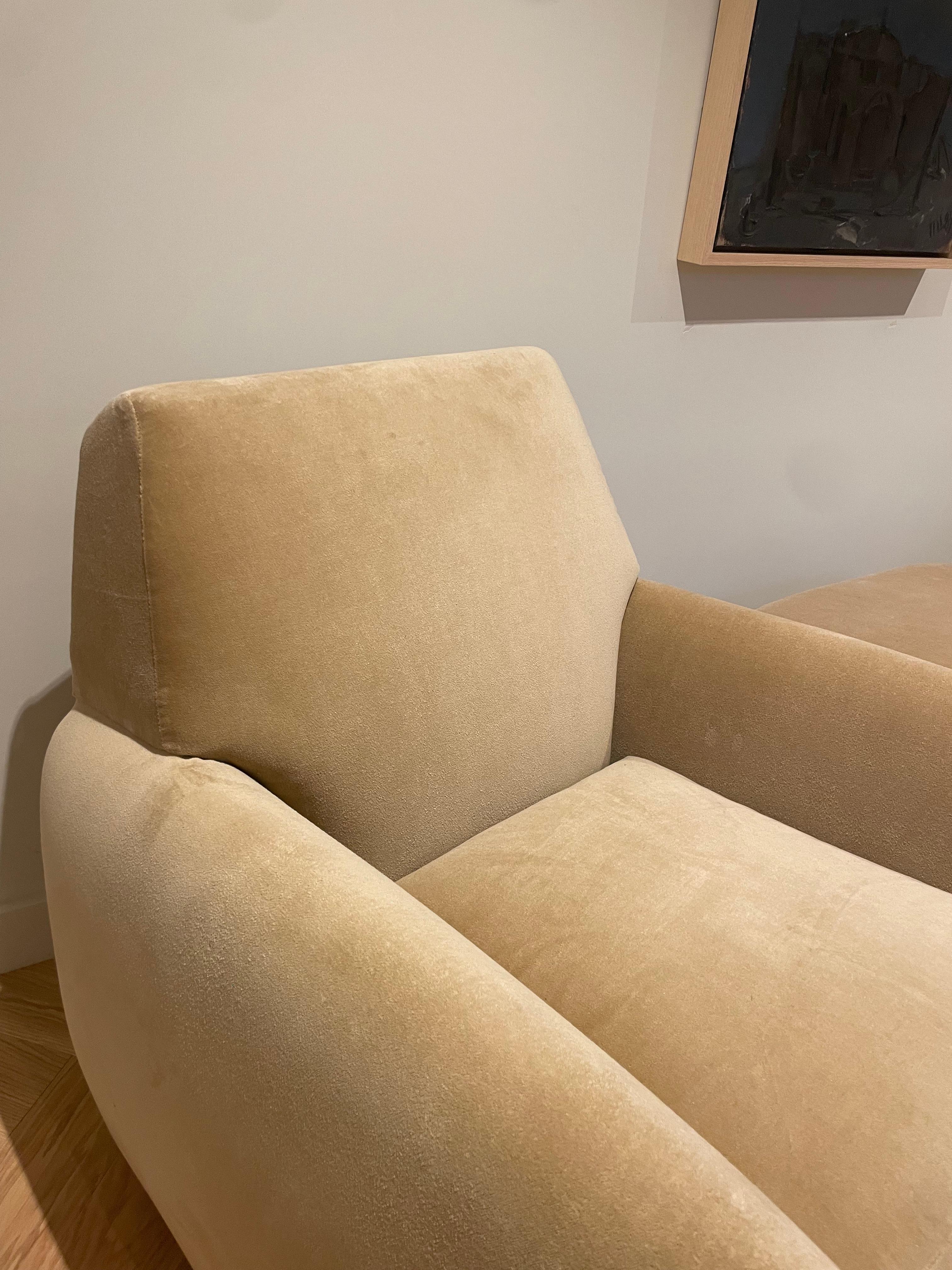 European Pair of 1960s Club Chairs with Ottomans in Dusty Champagne Mohair  For Sale