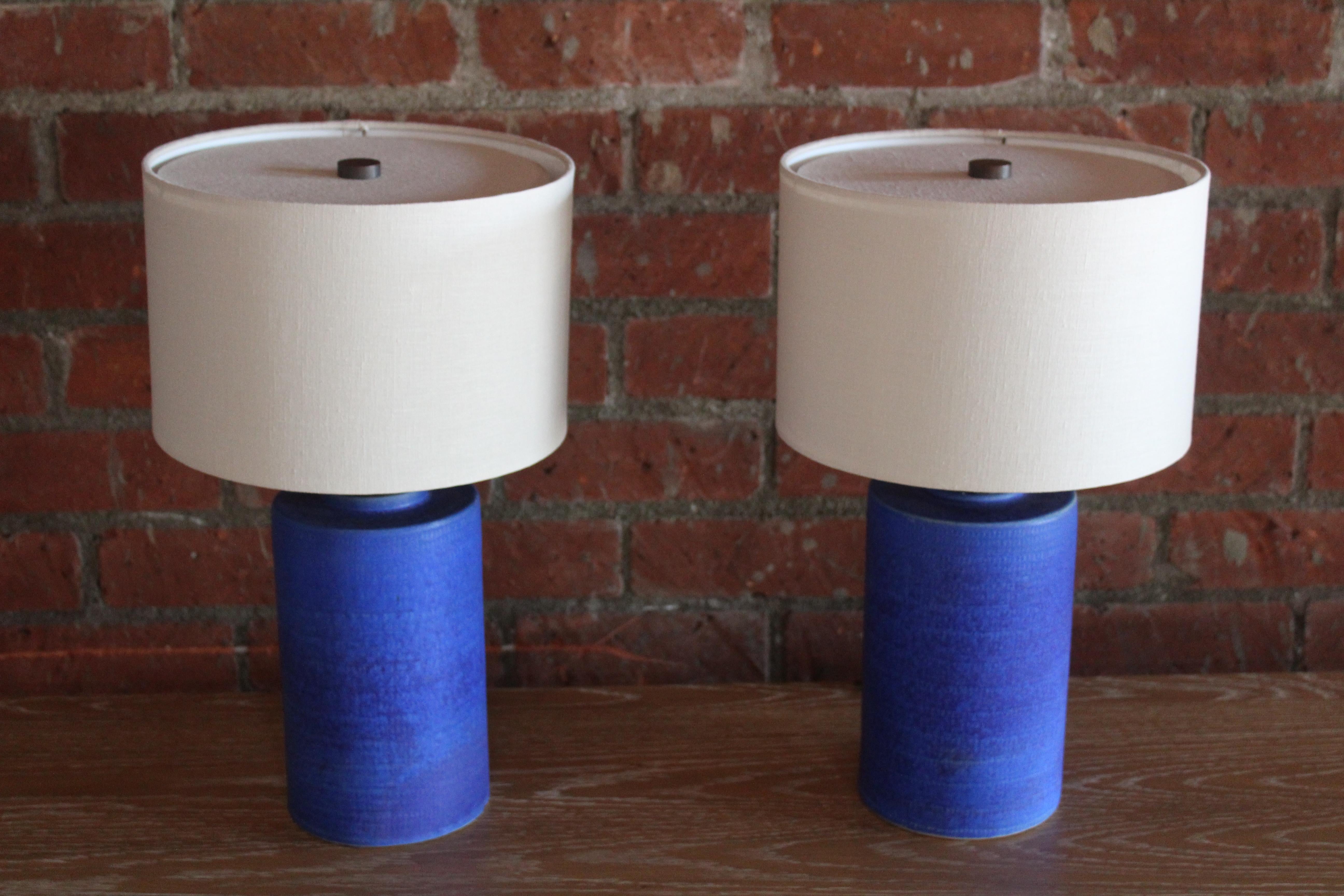 American Pair of 1960s Cobalt Blue Ceramic Lamps