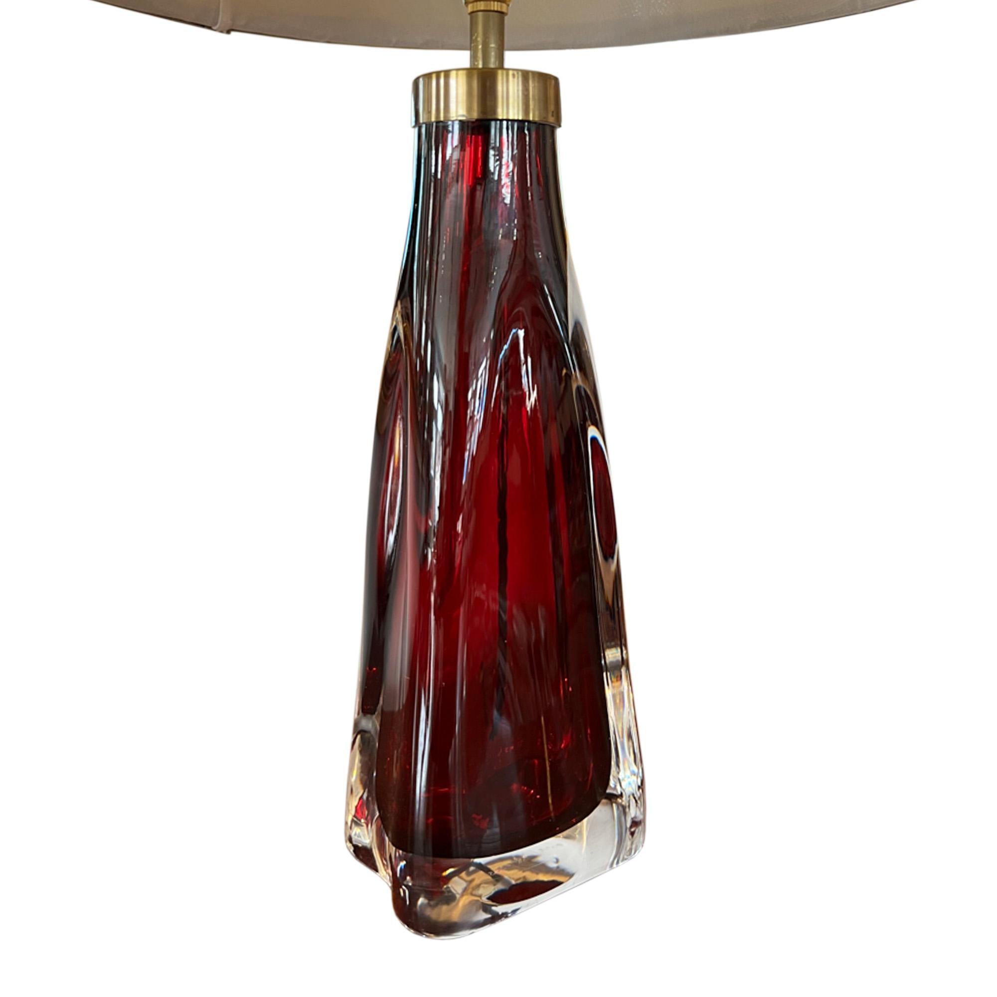 Mid-Century Modern Pair of 1960s Cranberry Orrefors Lamps With Brass Fittings