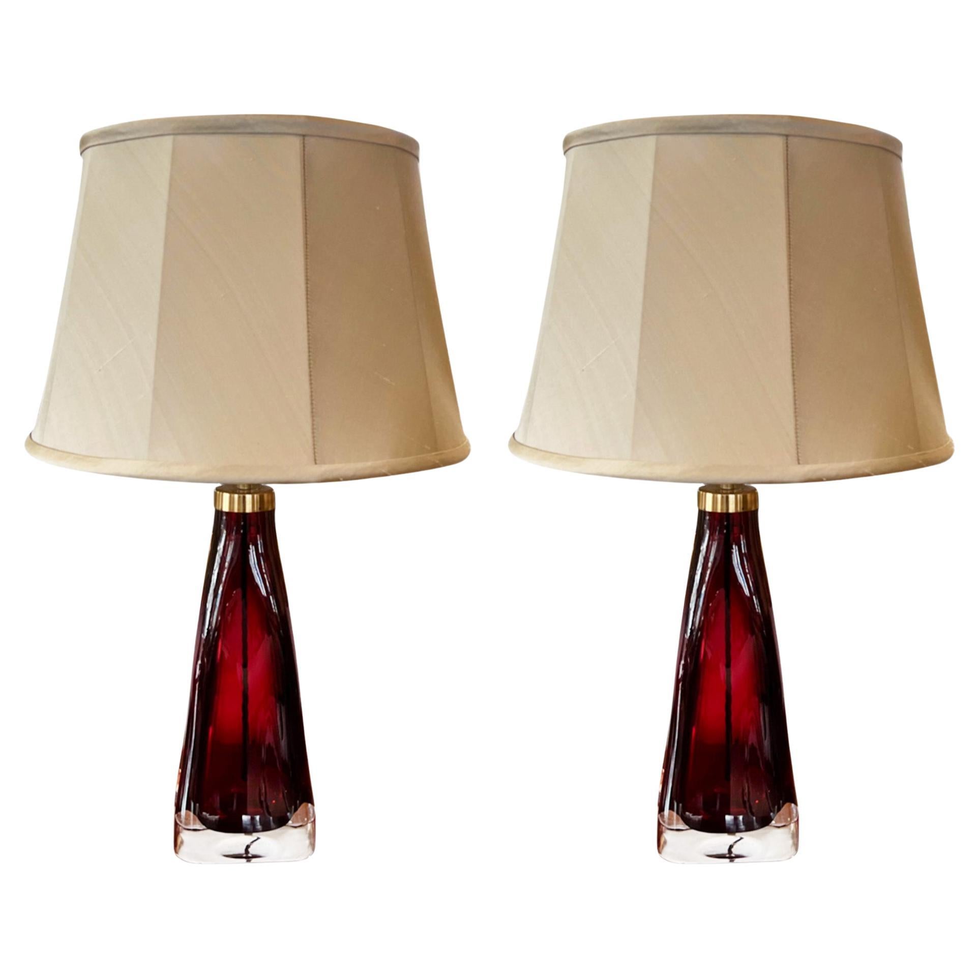 Pair of 1960s Cranberry Orrefors Lamps With Brass Fittings