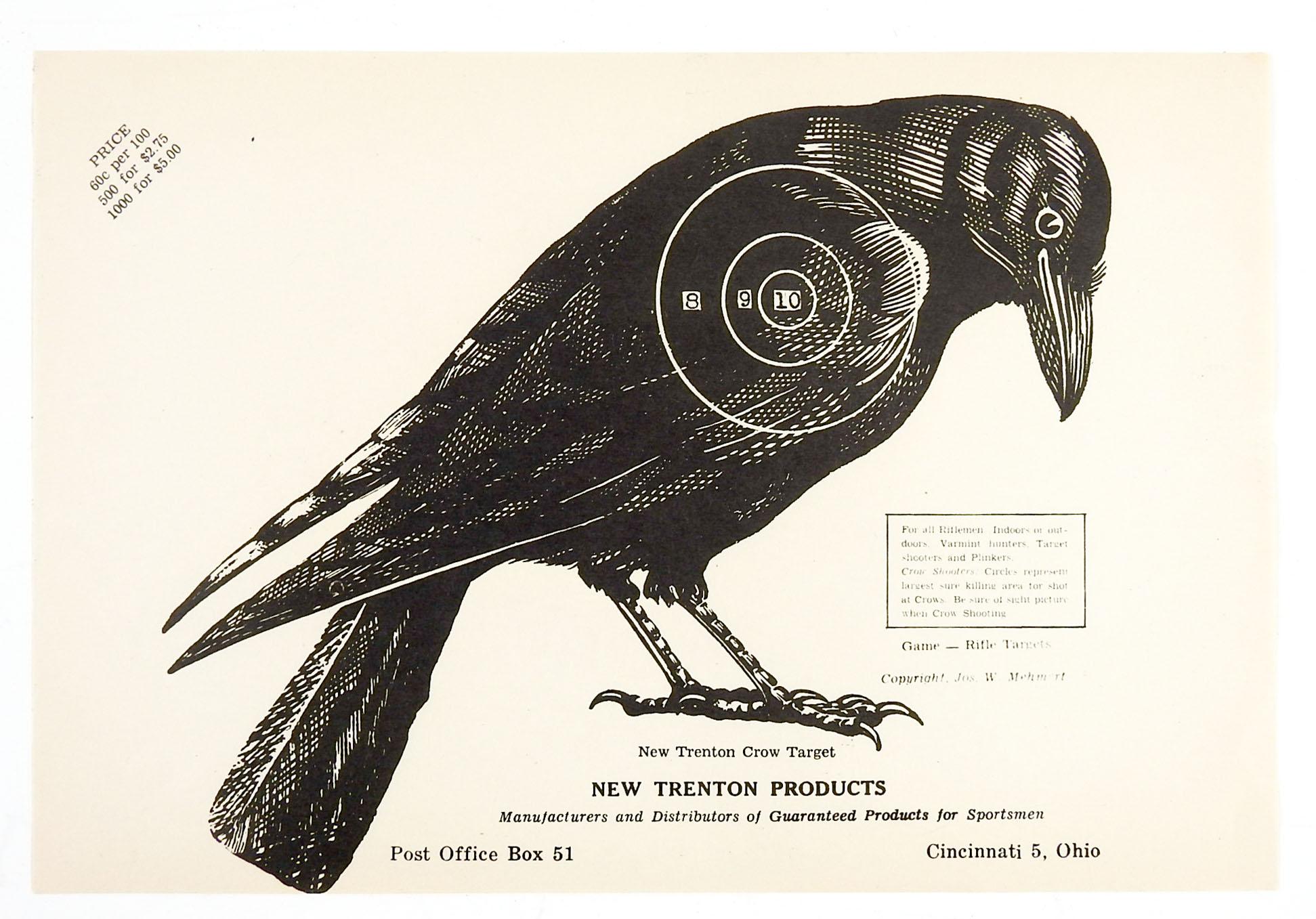 Paire de cibles en papier vintage New Trenton représentant un corbeau ou une corneille. Grand graphisme, fabriqué à Cincinnati Ohio, vers les années 1960. Non encadré. Plusieurs de ces ensembles sont disponibles. Idéal pour Halloween, pour le