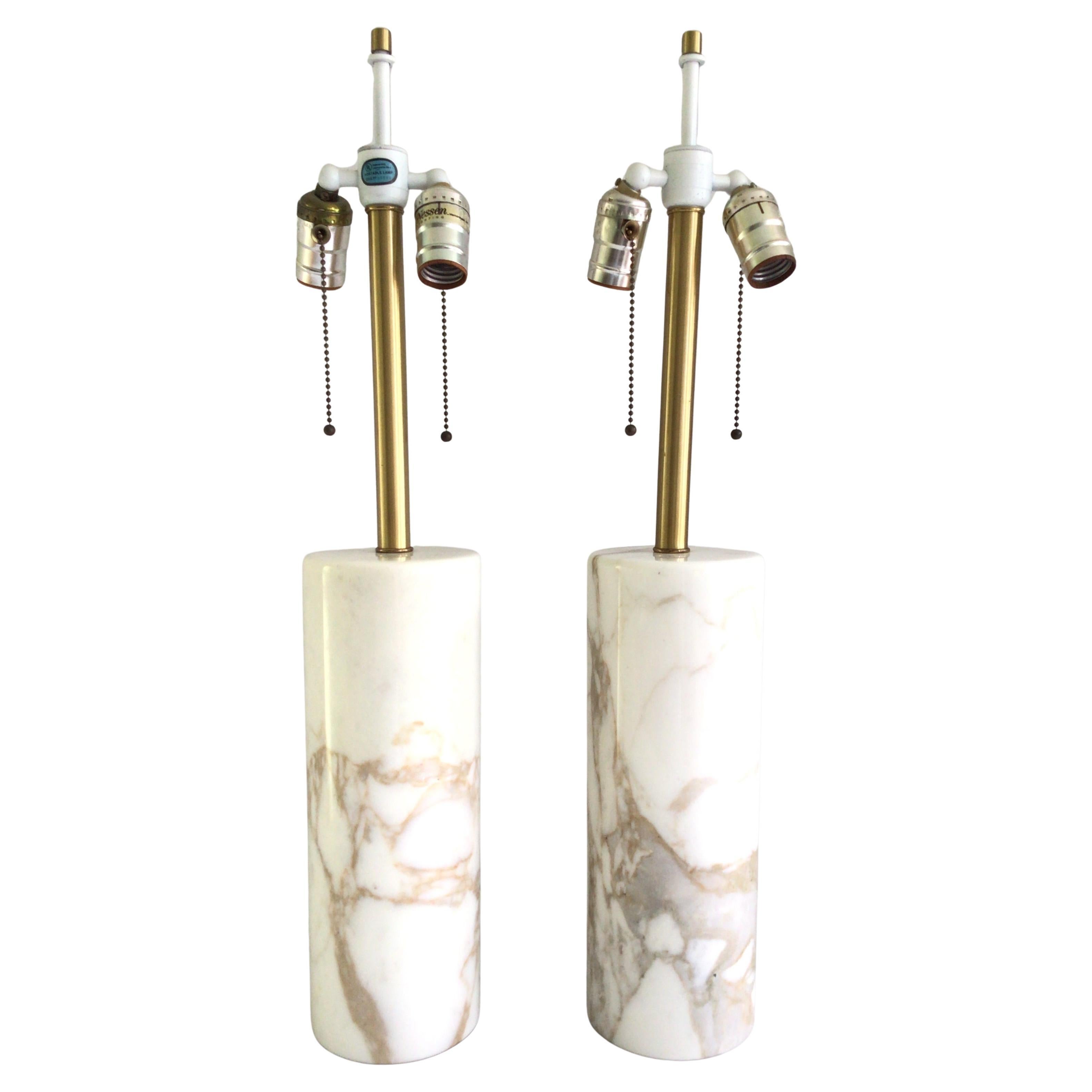 Pair of 1960s Cylindrical Marble Table Lamps by Nessen