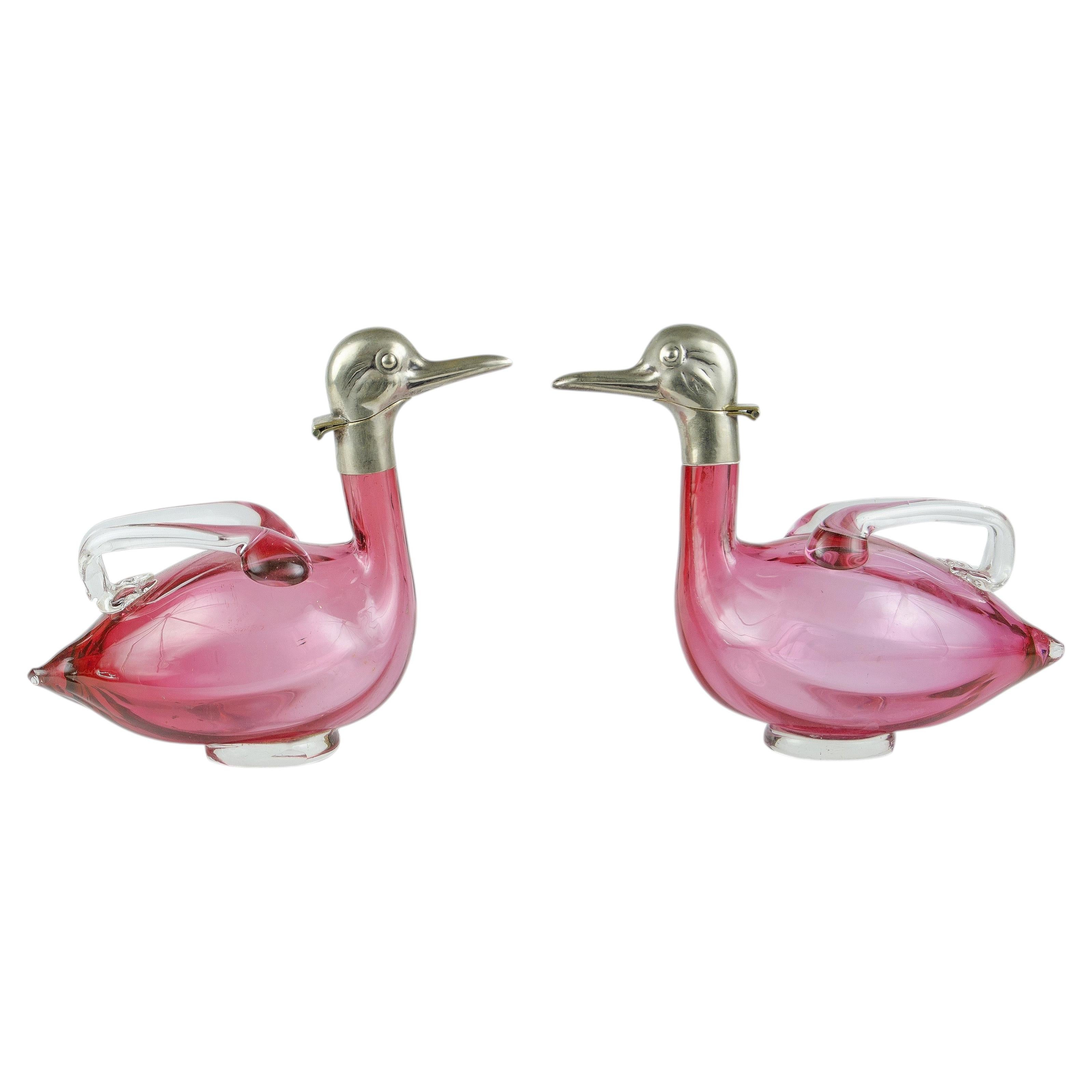Pair of 1960s Czech Silver-Plated and Cranberry Glass Figural Duck Claret Jugs For Sale