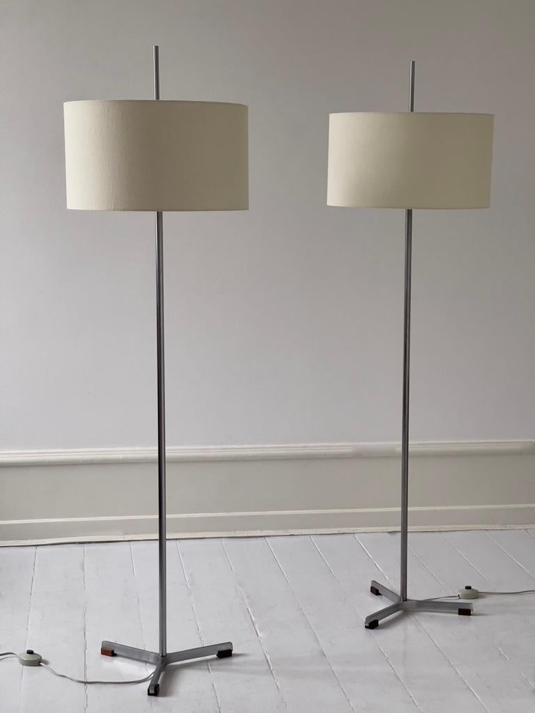 Danish Modern floor lamps in aluminium, chromed steel and rosewood. Design by Jo Hammerborg for 