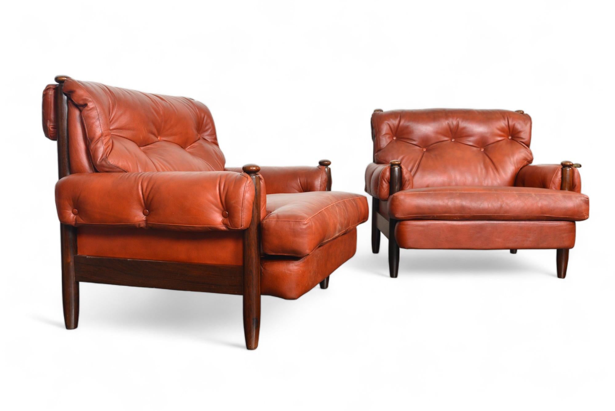 Pair of 1960s Danish Mid Century Solid Rosewood + Rust Leather Lounge Chairs For Sale 3