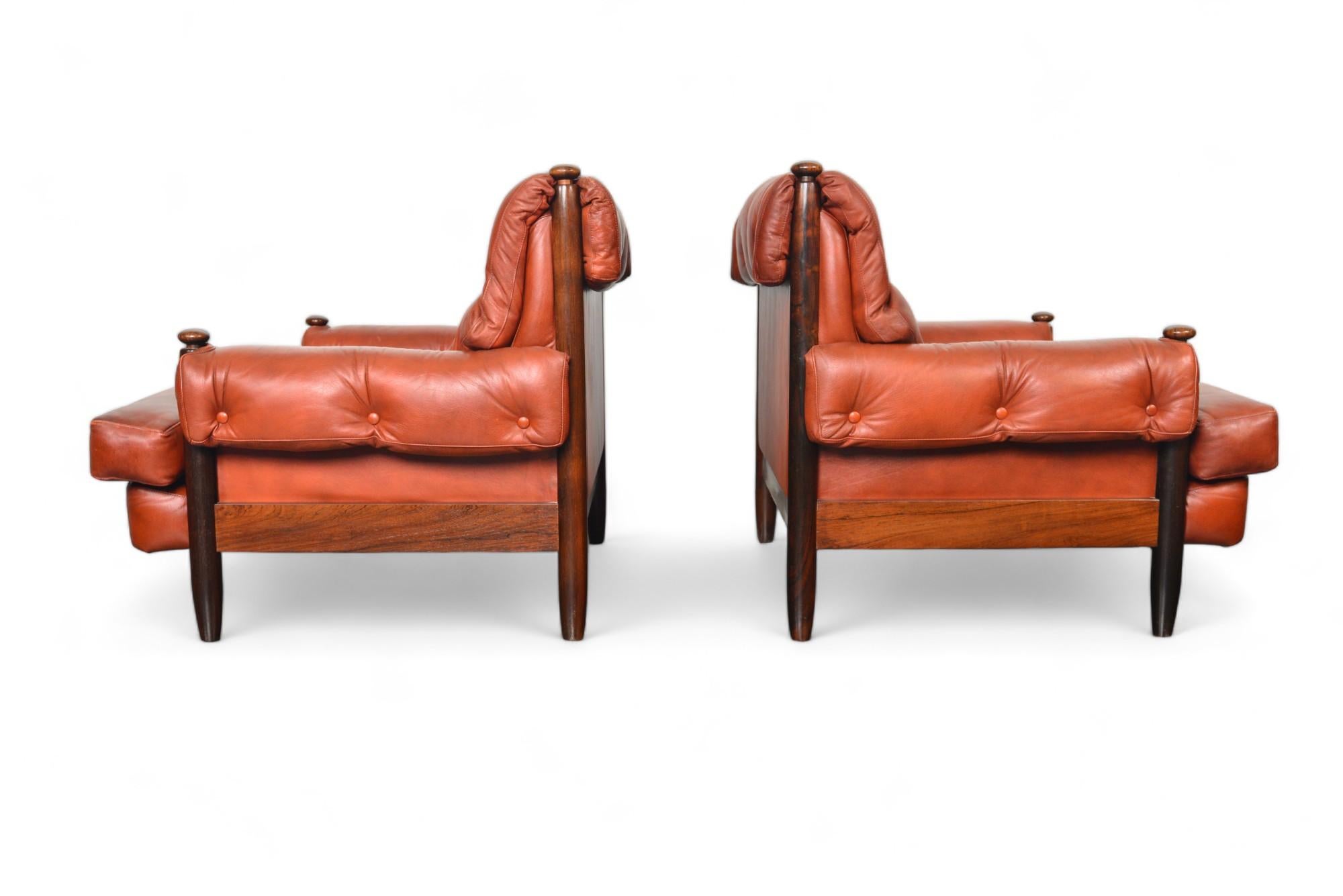 Pair of 1960s Danish Mid Century Solid Rosewood + Rust Leather Lounge Chairs For Sale 4