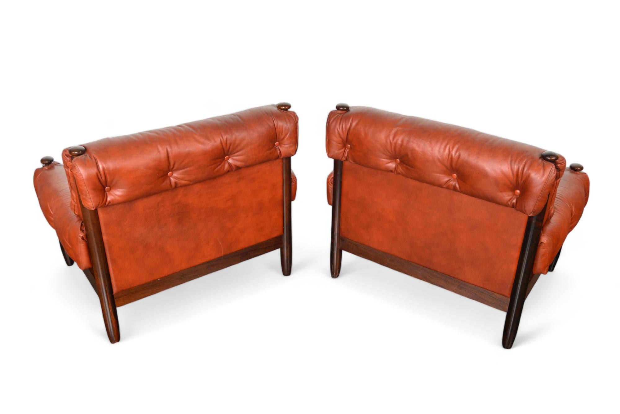 Pair of 1960s Danish Mid Century Solid Rosewood + Rust Leather Lounge Chairs For Sale 5