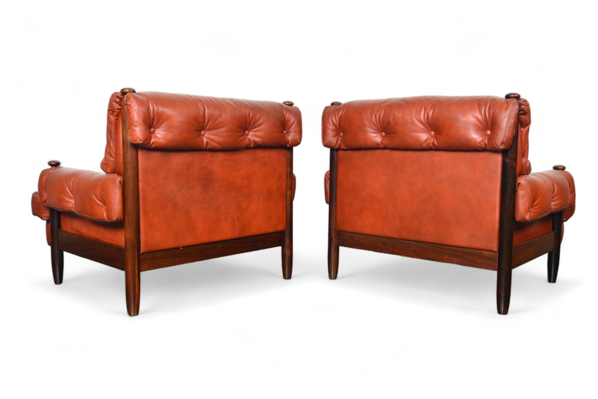 Pair of 1960s Danish Mid Century Solid Rosewood + Rust Leather Lounge Chairs For Sale 6