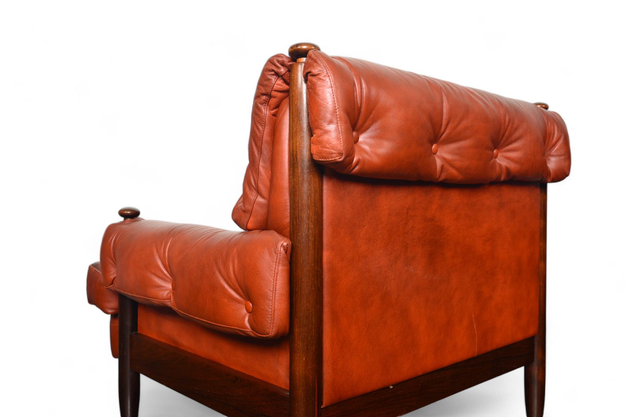 Pair of 1960s Danish Mid Century Solid Rosewood + Rust Leather Lounge Chairs For Sale 7