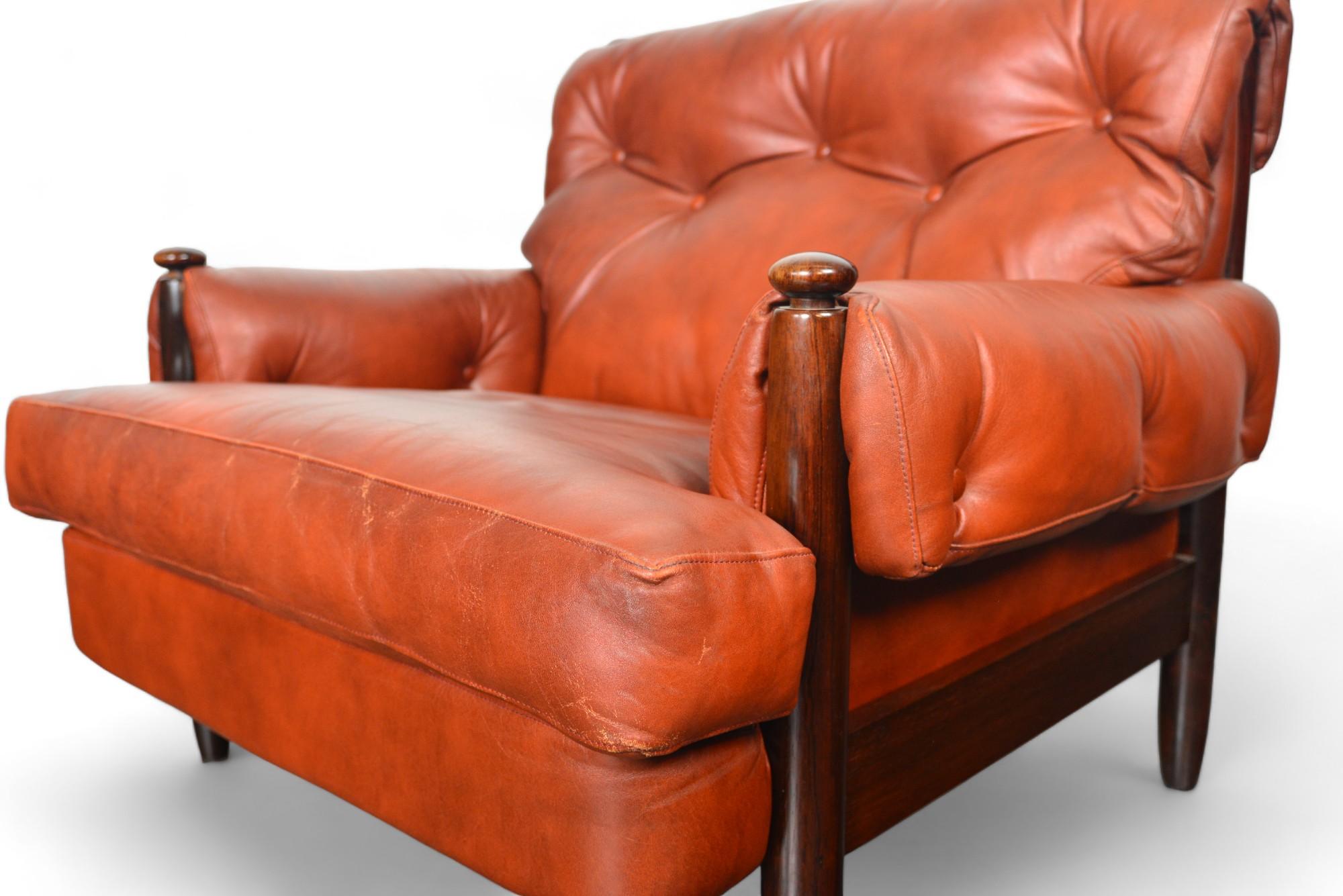 Mid-Century Modern Pair of 1960s Danish Mid Century Solid Rosewood + Rust Leather Lounge Chairs For Sale