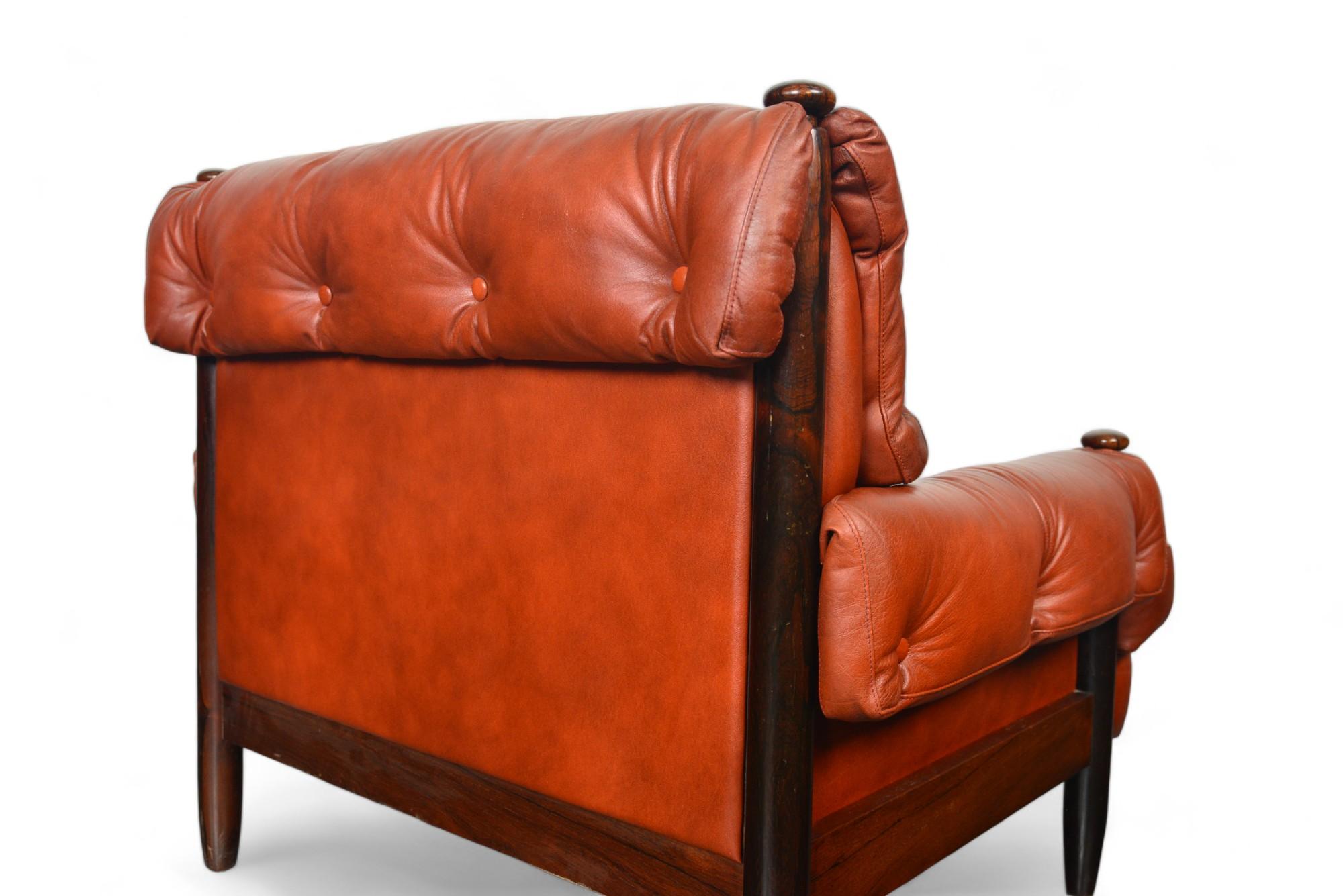 Pair of 1960s Danish Mid Century Solid Rosewood + Rust Leather Lounge Chairs For Sale 1