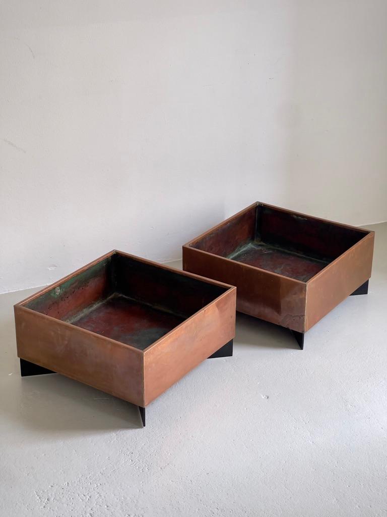 Copper Pair of  1960s danish modern planters in patinated copper and black paint steel. For Sale