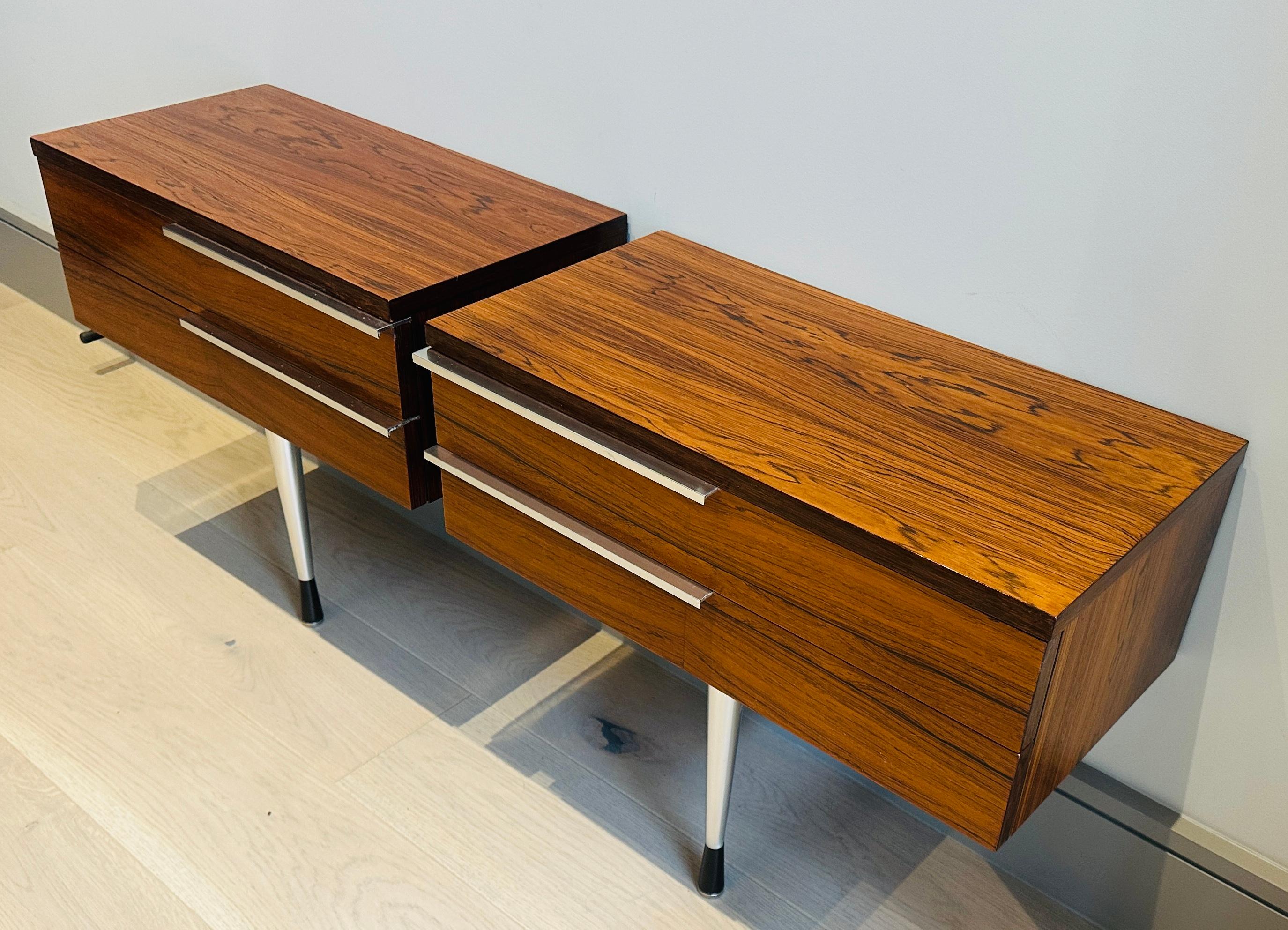 Pair of 1960s Danish Rosewood Veneer & Polished Chrome Wall Hung Nightstands 2